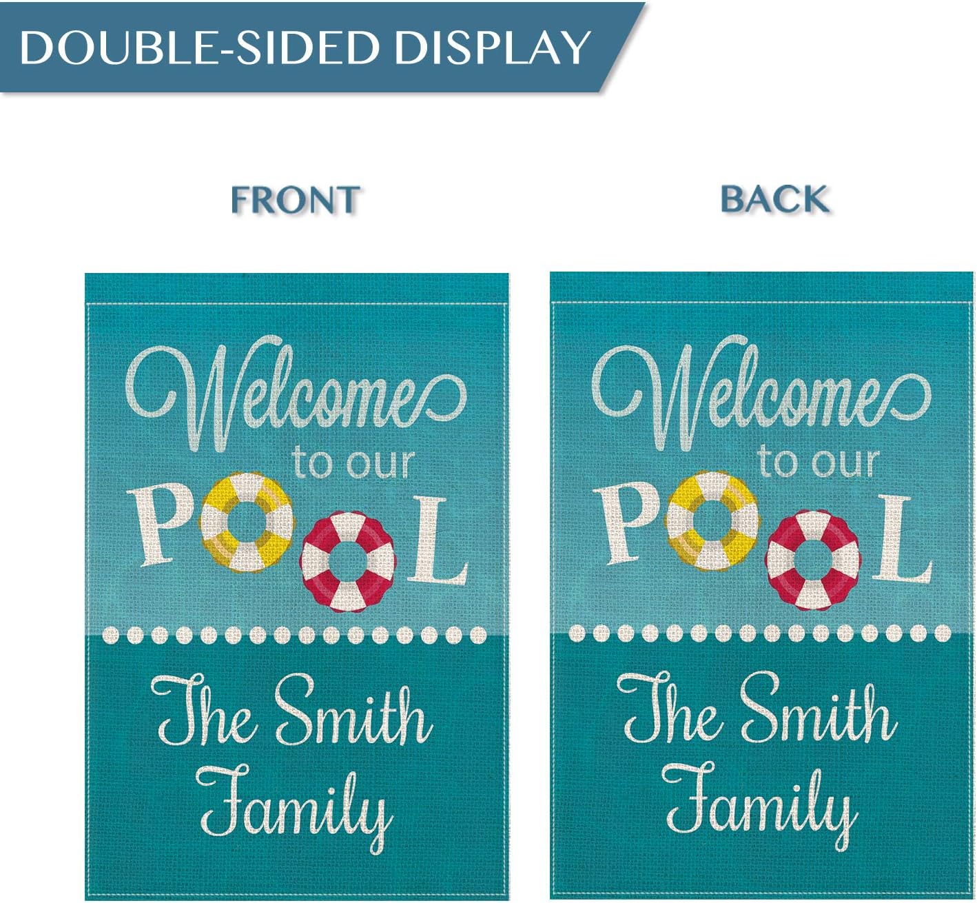 SMILE Personalized House Flag, Welcome to our pool Customized Family Name, Double Sided 28 x 40 Inch Rustic Farmhouse Burlap Yard Outdoor Decoration
