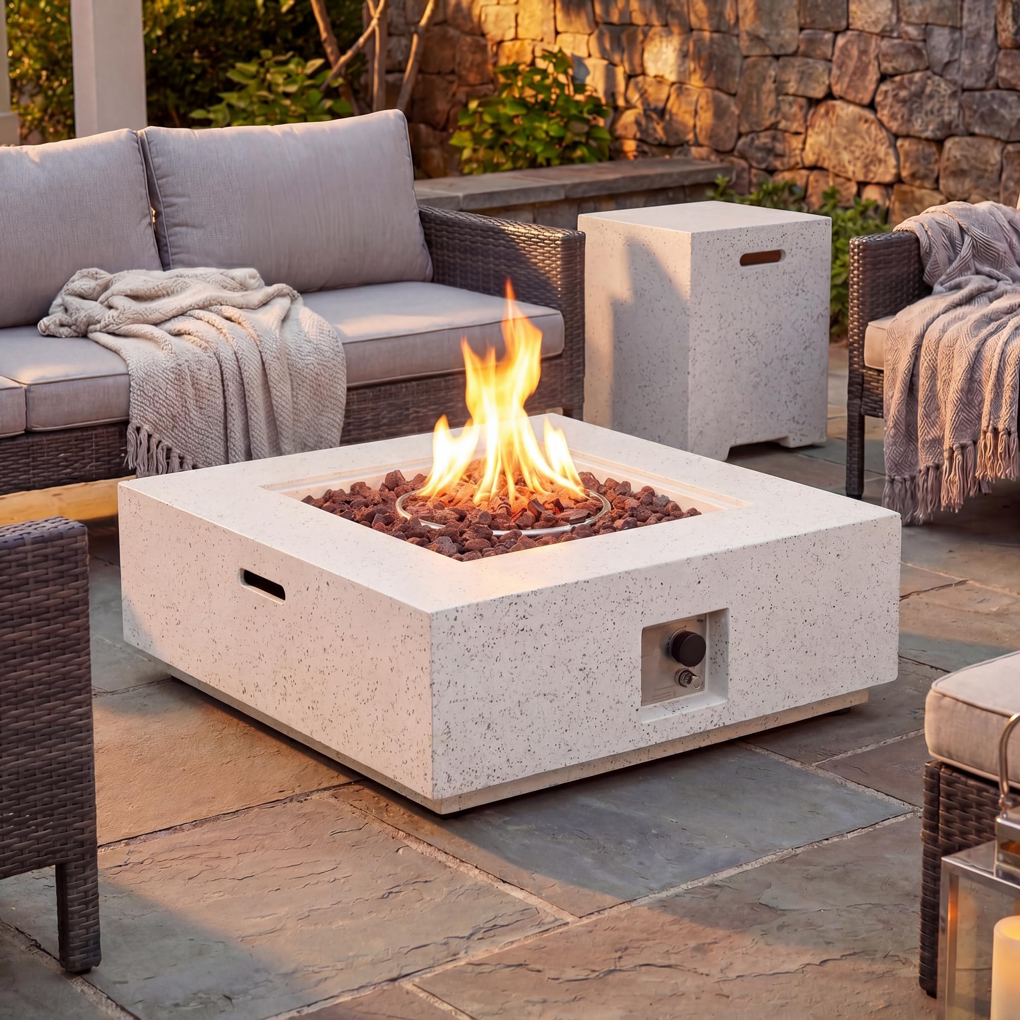 COSIEST 2-Piece Outdoor Propane Fire Pit Table Set w Tank, Beige Faux Stone 35 inch Square Fire Table w Certified, 50,000 BTU Stainless Steel Burner, w 20lb Hideway Tank Cover for Garden, Porch