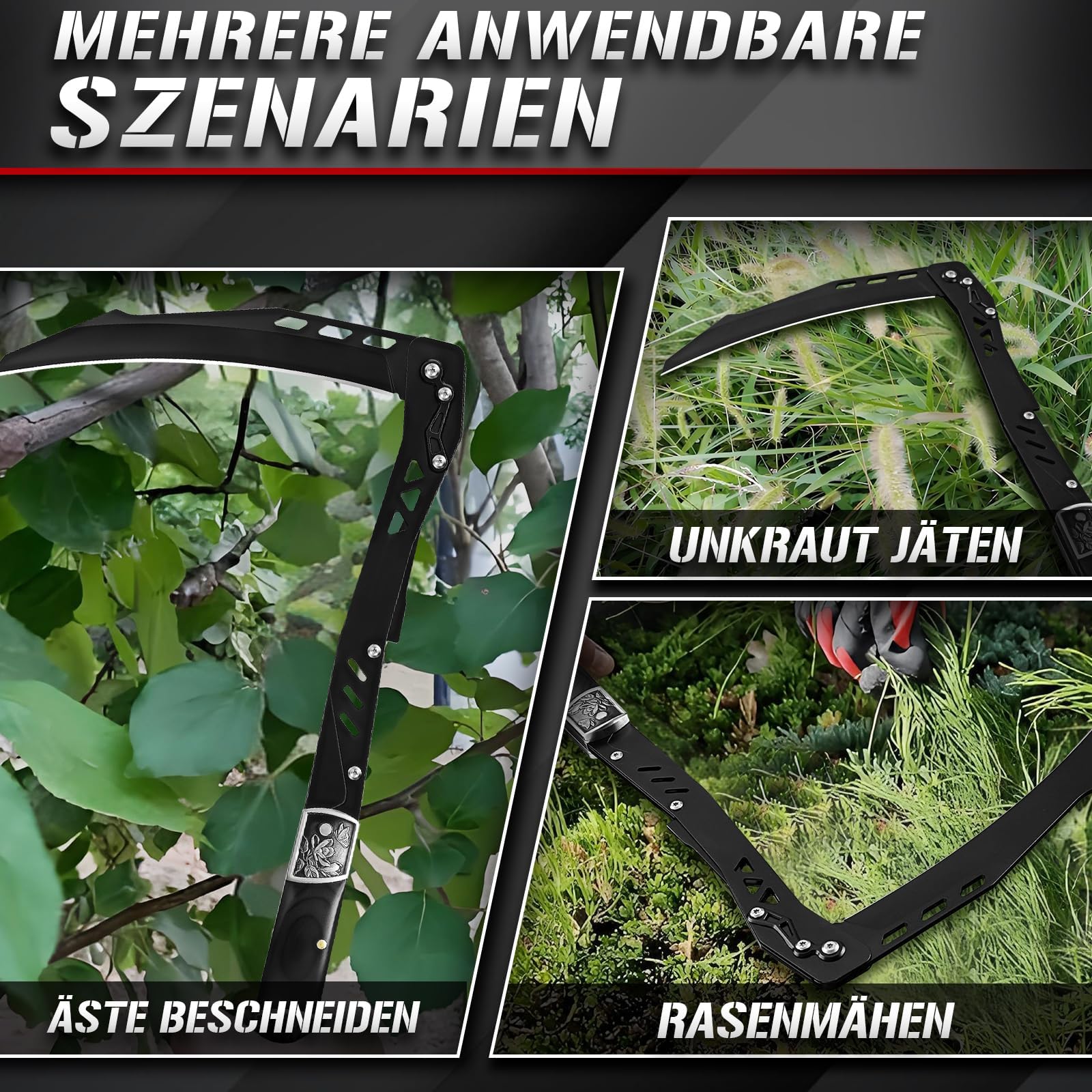 DRGSKL Faltbar Sense mit Scheide Schwarze Outdoor Klappbare Sichel für Gras und Unkraut Retro Sharp Sichel Garten Geschenk für Männer Einzige Klinge
