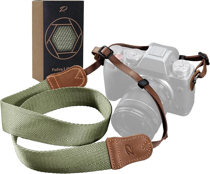 Padwa Lifestyle Correa de cámara verde claro - Correas de algodón con cabeza de piel de vaca de caballo loco vintage de 1,5" de ancho, correas tejidas ajustables para cámara de hombro y cuello para todas las cámaras DSLR y fotógrafos Regalo de Navidad