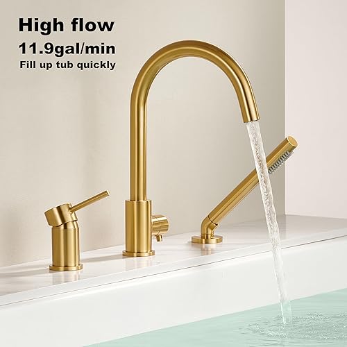 Miniatura 20 de Grifo de bañera de montaje en cubierta negro con rociador, grifos de bañera de alto flujo, grifo de baño de latón con mango montado en la ducha