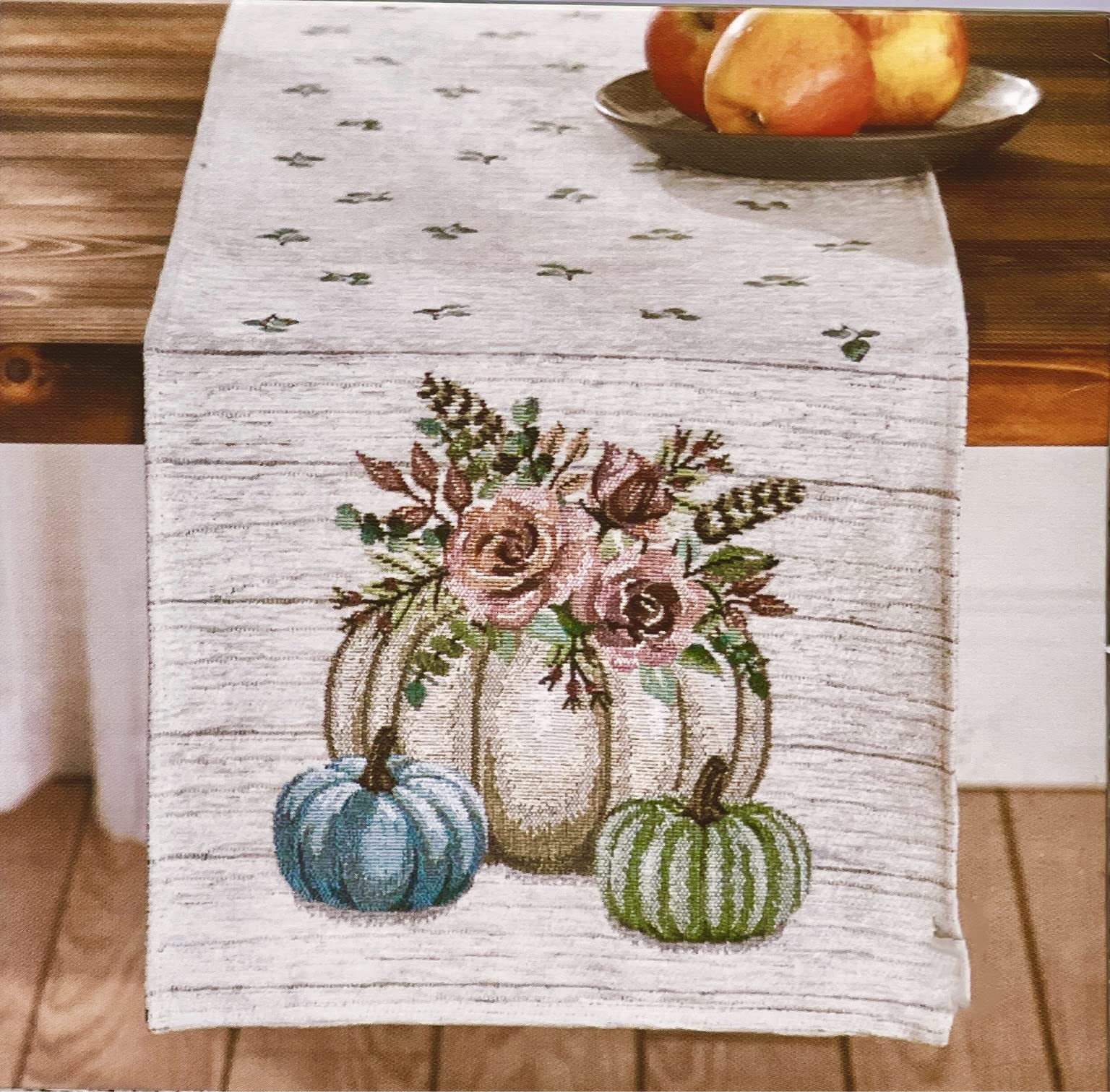 Windham Home Collection Quality Tapestry Autumn Fall Pumpkin Table Console Runner - New Fall Colors Pumpkin White, Green Blue