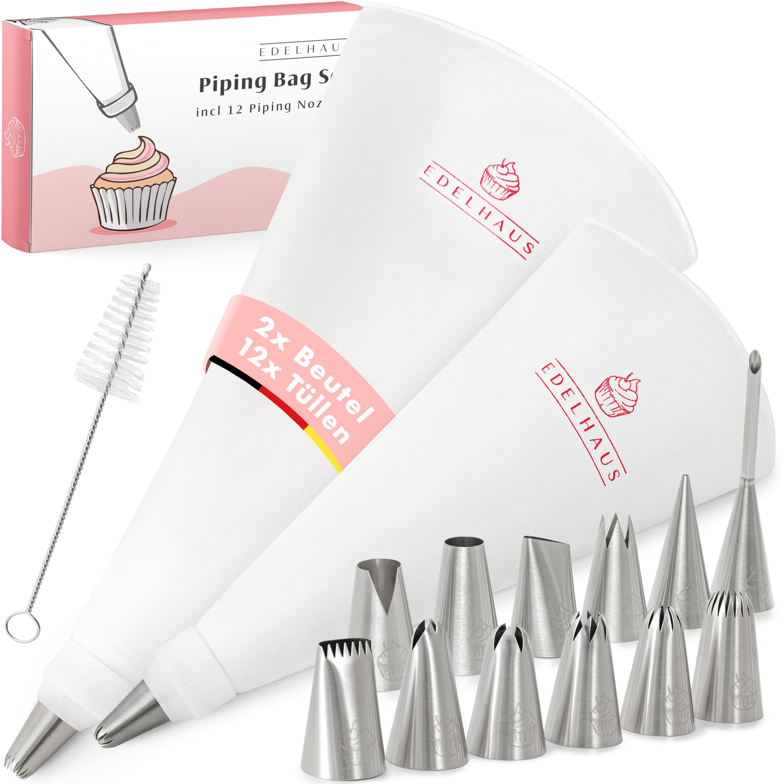 EDELHAUS Premium Spritzbeutel 2er Set (17-teilig) - 30cm und 40cm Baumwolle Spritzbeutel mit Tüllen aus Edelstahl zum Dekorieren von Torten, wiederverwendbar und spülmaschinenfest, inkl. Adapter