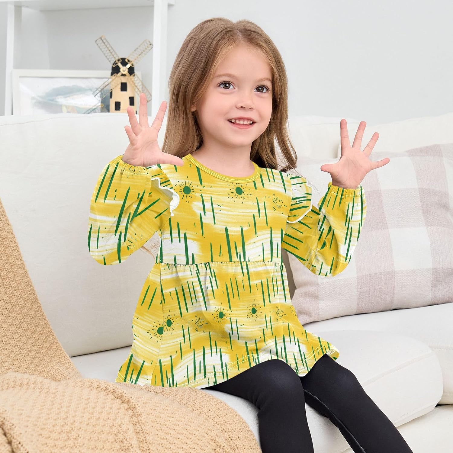 visesunny Toddler Clothes for Girls Land Green Sun Long Sleeve Fall Shirts Cotton Top with Ruffle Collar