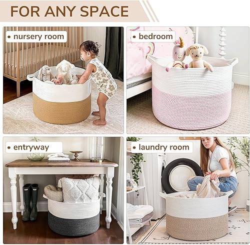 Vista 145 de INDRESSME - Canasta extragrande para ropa sucia de cuerda de algodón, cesta tejida decorativa con asas para guardería y sala, contenedor para Gris