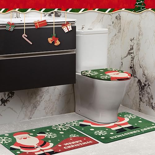 Miniatura 4 de GRANNY SAYS Juego de 3 alfombras de Navidad antideslizantes y lavables, juego de fundas de inodoro de Papá Noel para baño en forma de U,