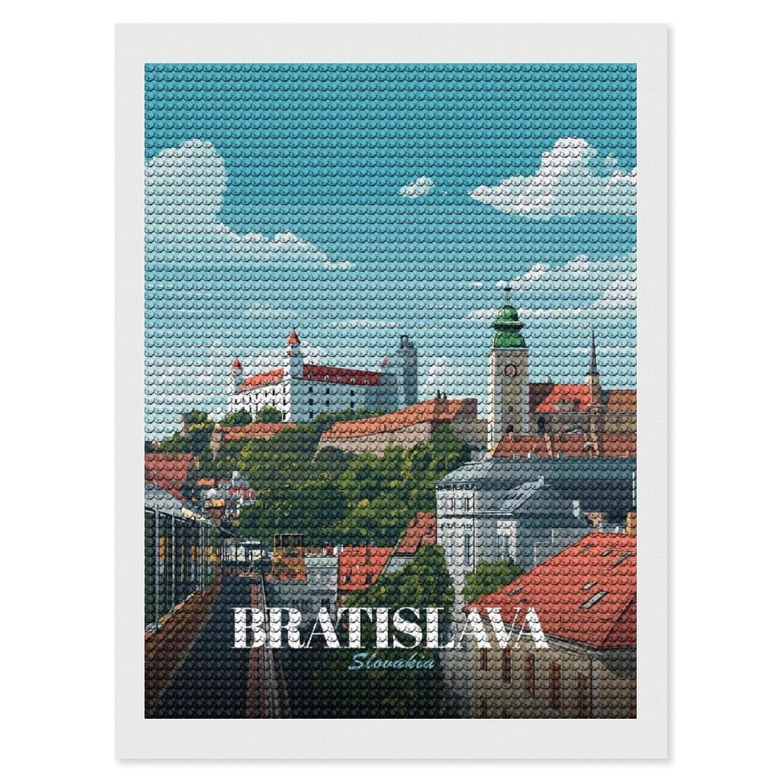 Junmoney Bratislava, Slovakia Cityscape Illustration Crystal Diamond Art Kit 12"x16", Stress Relief Craft, Decorative Artwork, Vintage Style Decor, Birthday Gift