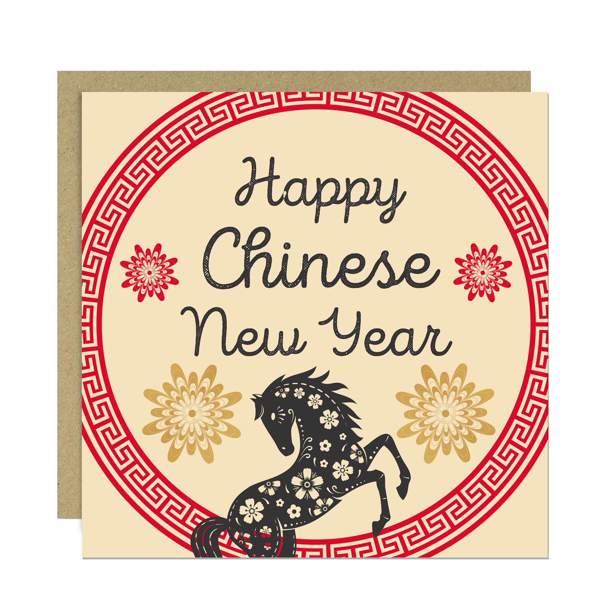 RED OCEAN Chinese New Year 2026 Card Luna Year of The Horse Greetings Card For Family, Friends or Couple 145x145mm With Kraft Envelope Happy Chinese New Years