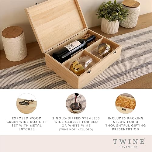 Miniatura 2 de Twine Caja de regalo para botella de vino, caja de vino de madera con tapa, 2 copas de vino sin tallo y popote de embalaje, capacidad para 1 botella