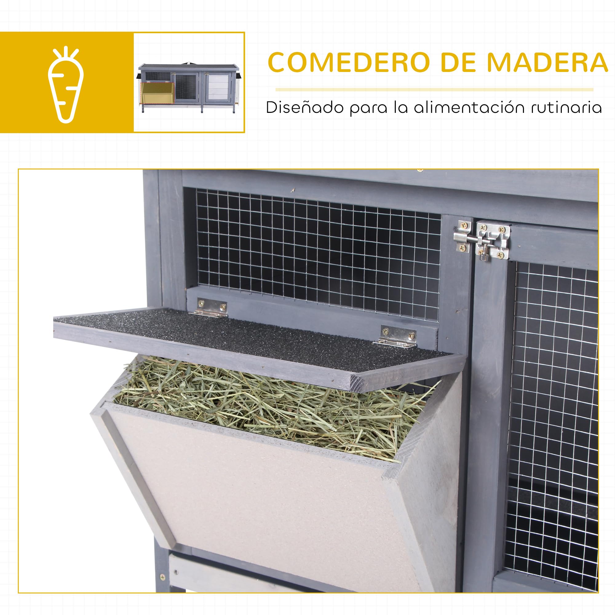PawHut Conejera de Madera, Jaula para Conejos con Techo Asfáltico Abatible, Puertas con Pestillo, Bandejas Extraíbles y Comedero, Conejera para Exterior, 112x50x54 cm, Gris
