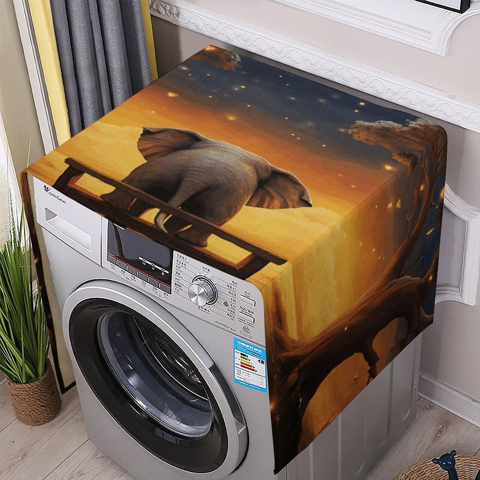 Fodpand White Washing Machine Cover For Top Load Dustproof Animal Elephant Moon Washer And Dryer Cover With Storage Pockets Household Appliance Covers Washable Top Protector Mat Pad For Laundry & Kitchen