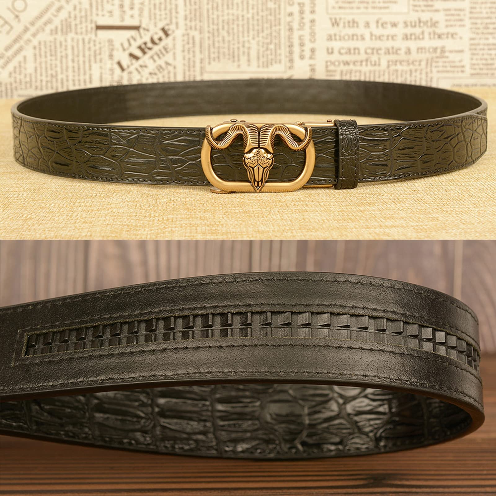 Cinturón para Hombre, Cinturones de Hebilla Deslizante de trinquete de Cuero, Hebilla automática de Metal,Black Gold,120cm