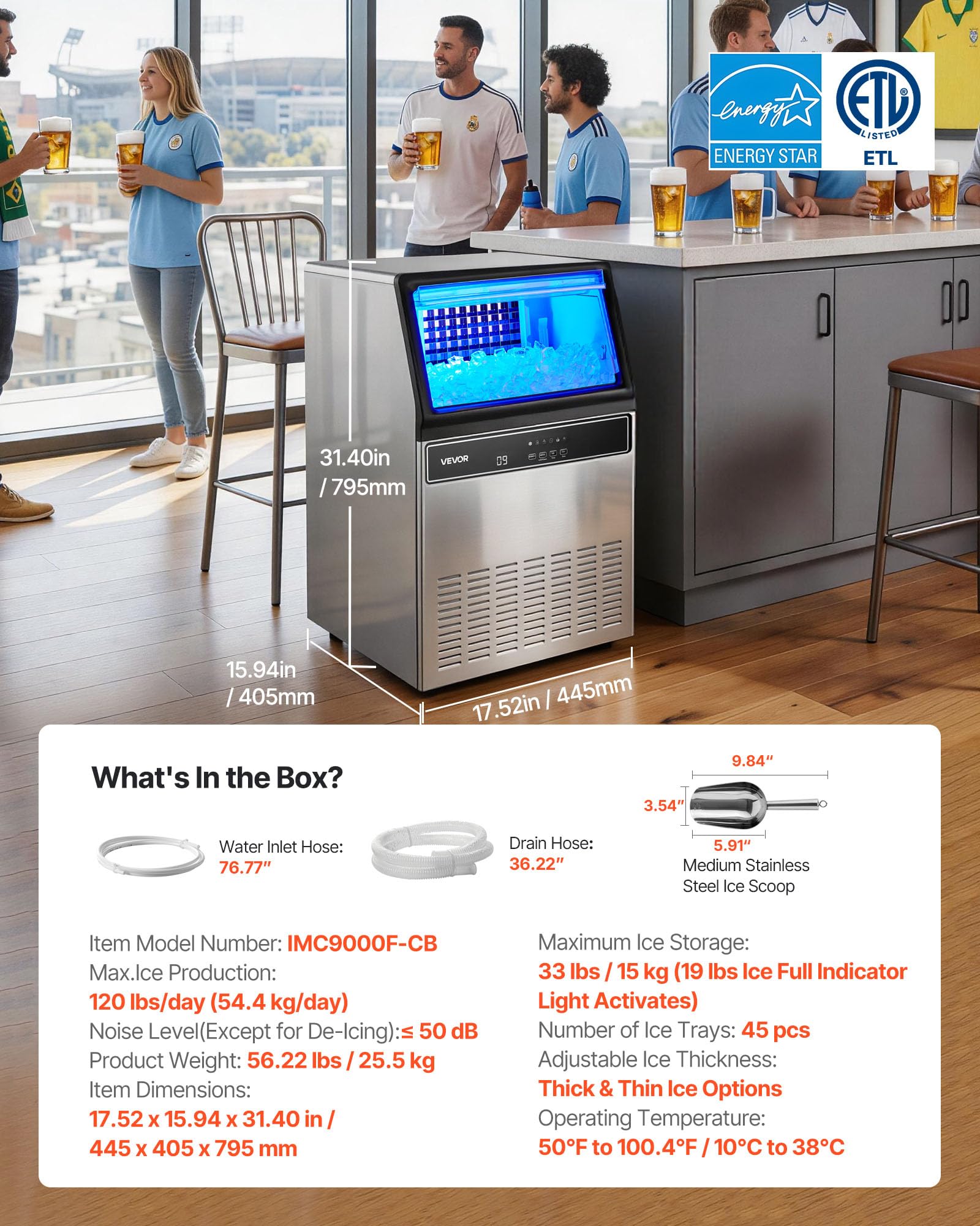 VEVOR Macchina Cubetti di Ghiaccio Commerciale 54,4 kg/24 h Acciaio Inox | Fabbricatore di Ghiaccio Capacità Stoccaggio 8,6-15 kg, Spessore Regolabile, Display LED Funzione Autopulente Bar Hotel