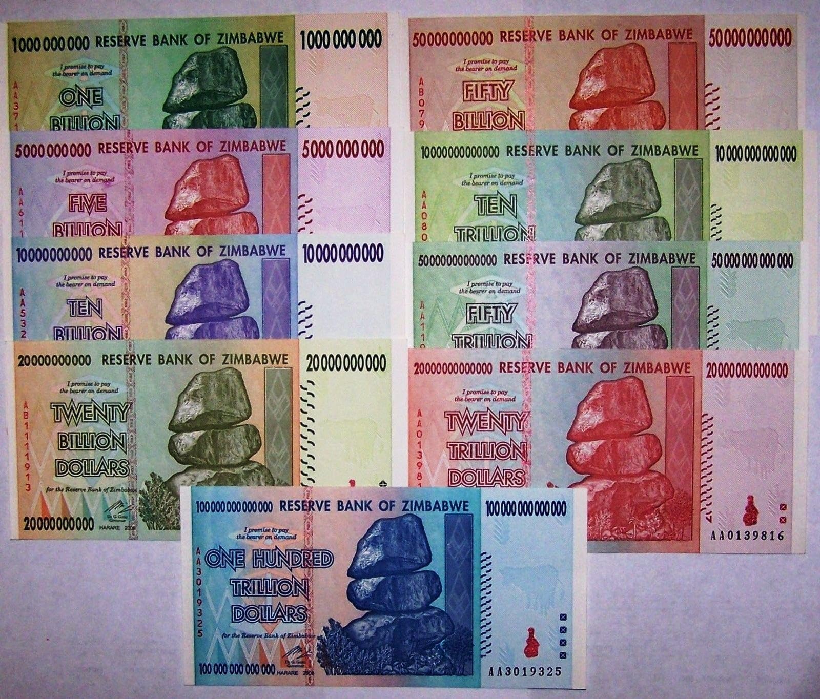 Zimbabwe 9 Highest denom. banknotes-inc 10,20,50,100 Trillion Dollars-Currency