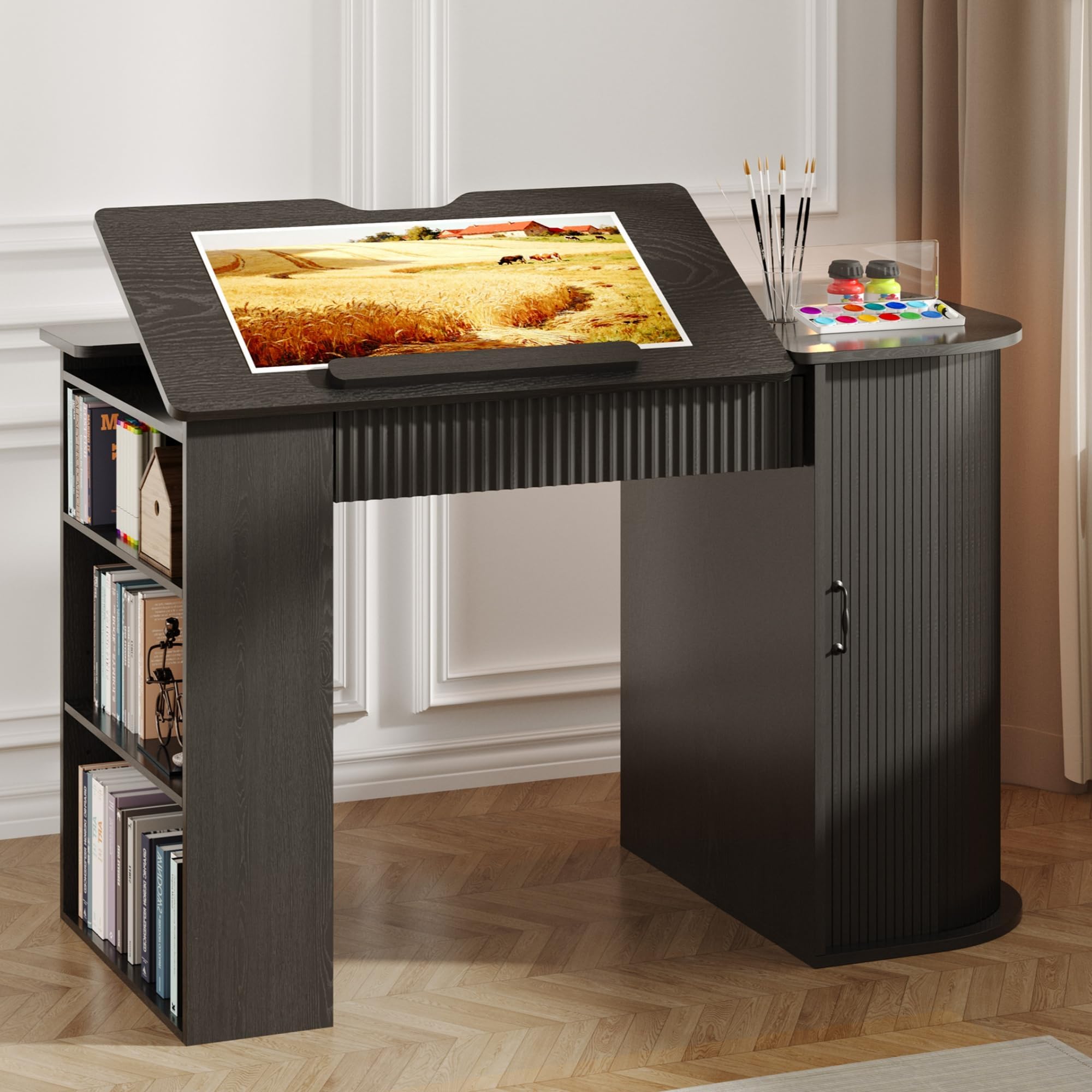 Zeichentisch mit neigbarer Platte, Regal und Schrank, Schwarz | Neigbare Tischplatte, Regal mit 3 Fächern, Schrank mit Tür, Ablageleiste, Für Zeichnen und Malen