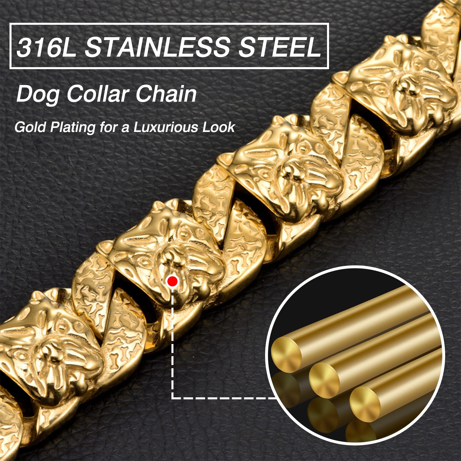 Kingoldogs Hundehalsband – Kubanische Kette, 32 Mm, 316L Edelstahl, 18K Gold-Beschichtung | Für Große & Mittlere Rassen