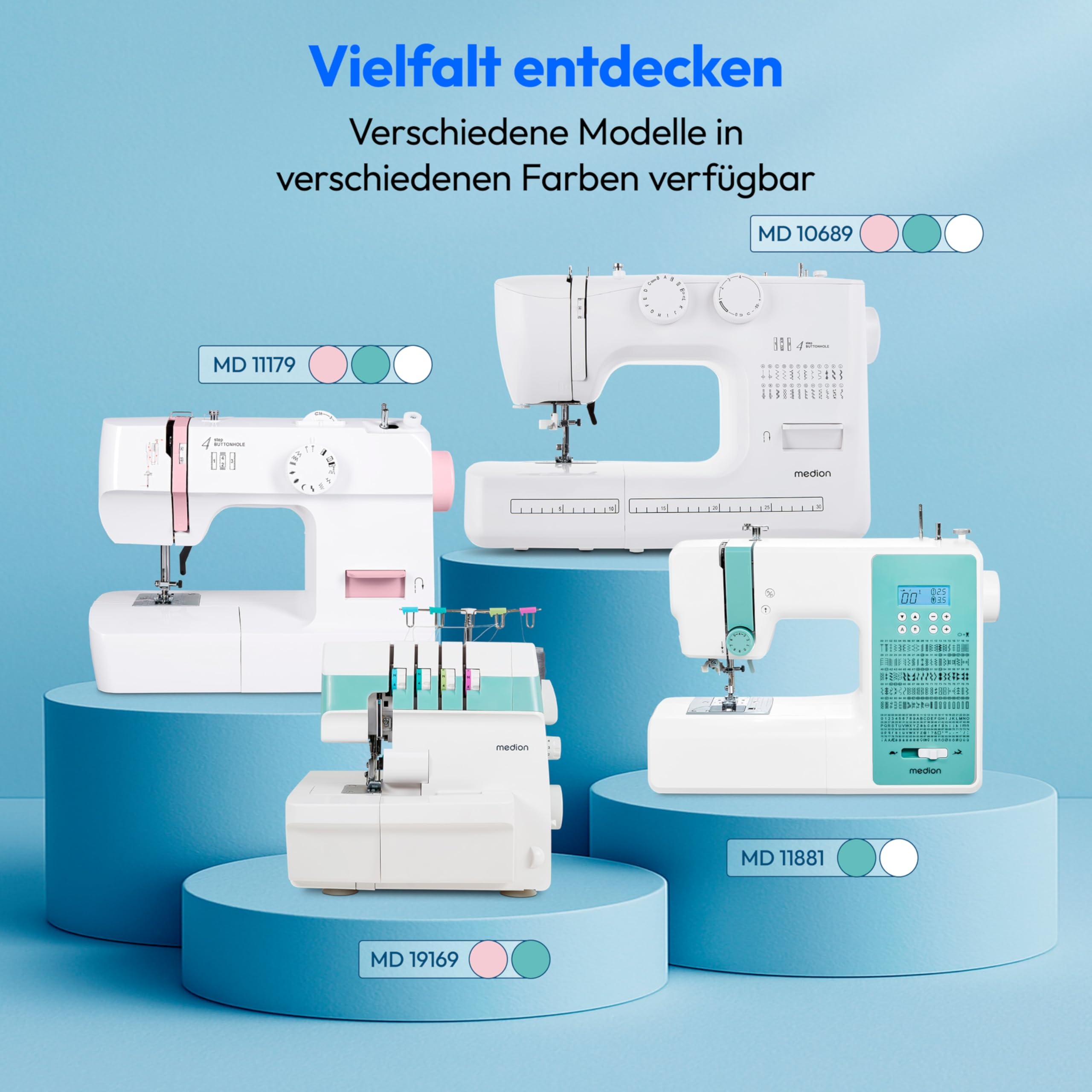 MEDION Digitale Nähmaschine SD36 (36 Watt, einstellbare Stichlänge und Stichbreite, 270 Stichmuster, LED Nählicht, automatischer Einfädler, Fußpedal, Rückwärtstaste, Fadenschneider, MD11881) türkis