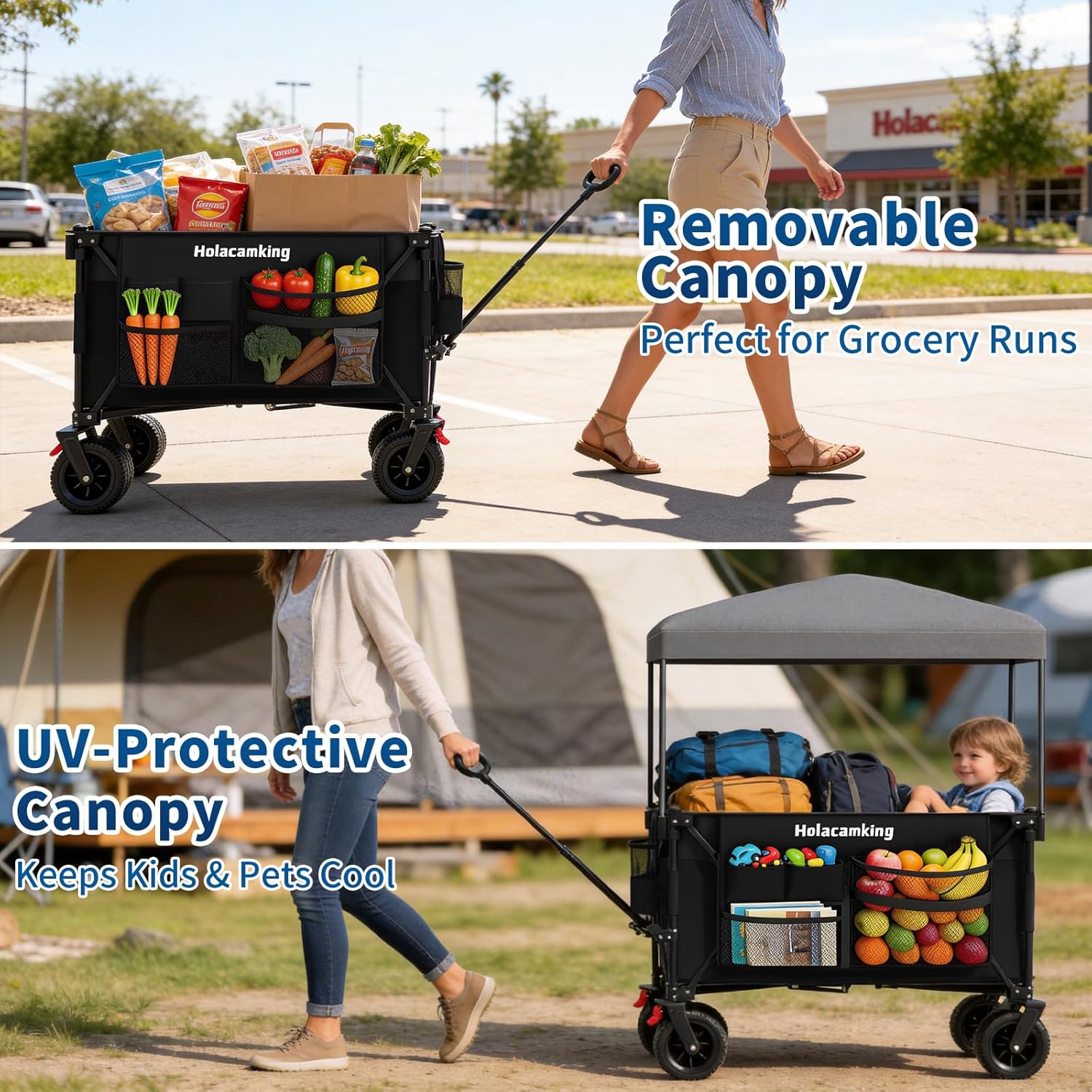 Collapsible Canopy Wagon Cart, Heavy Duty Utility Wagon with Removable Sun Cover, All-Terrain Big Wheels, Dual Brakes, Extra Large Grocery Cart for Beach Camping Sports Tailgates, Black