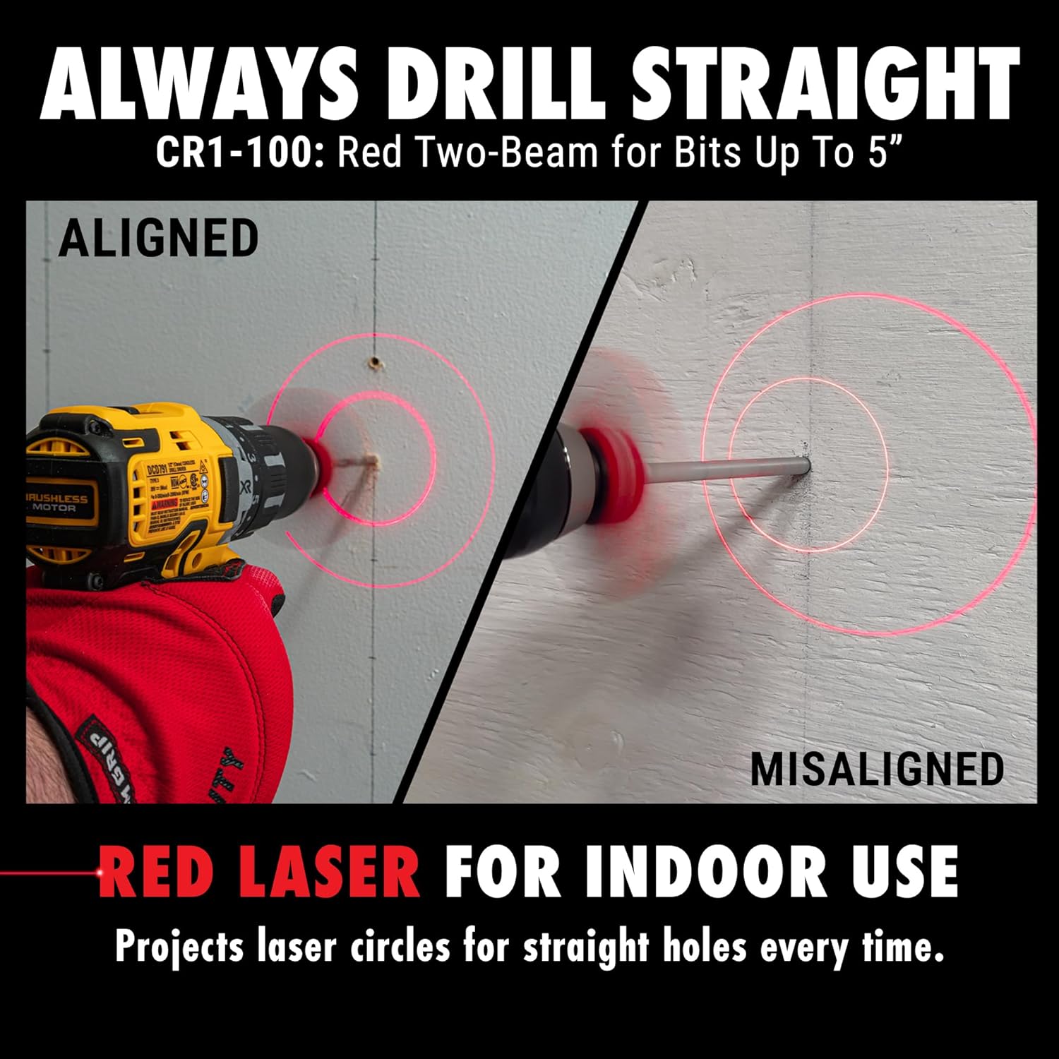 BullseyeBore Core CR1-100 Drill Guide for Straight Holes - Magnetic Drill Attachment with Efficient Red Laser for Visual Worksurface Alignment - Compatible with Common bits from 2” to 5”