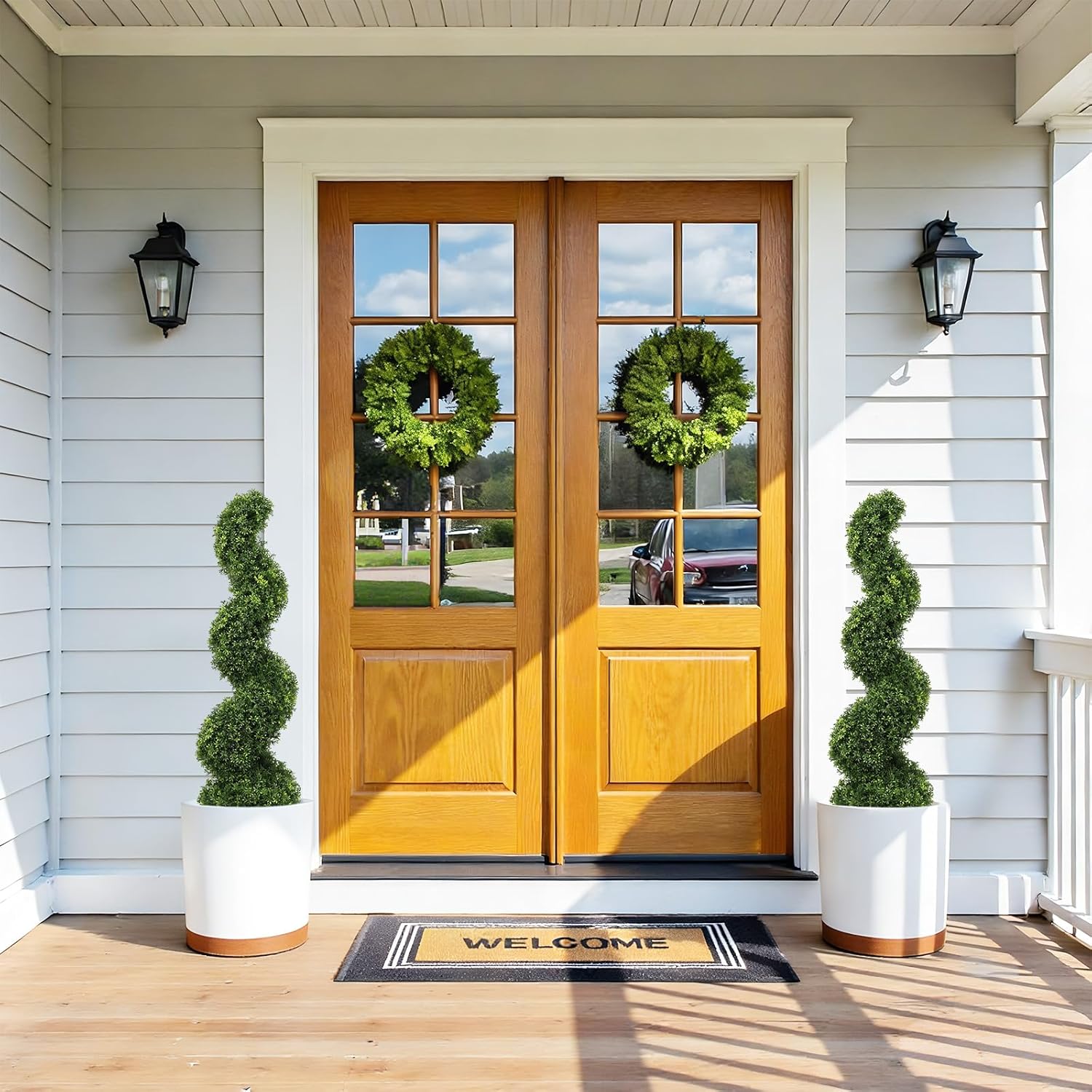 3ft Spiral Boxwood Topiary Trees Artificial Outdoor Set of 2 - UV Resistant Faux Plants for Outside Planters, 36" Fake Twisted Tree for Front Porch Decor