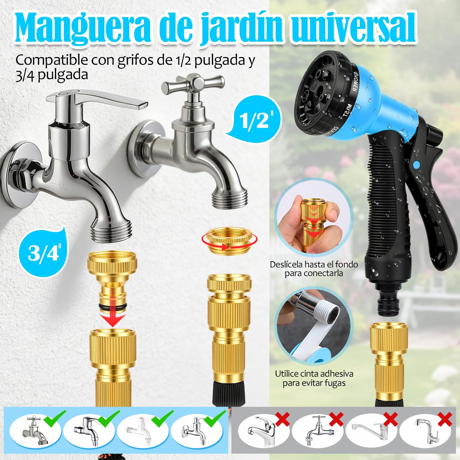 Manguera Extensible 30M/100FT, Manguera de Jardín Extensible Pistola de Riego con 8 Funciones Pistola Hose Con 3/4" y 1/2" Accesorios de aleación de zinc. el Riego de Plantas Hortícolas (Azul)
