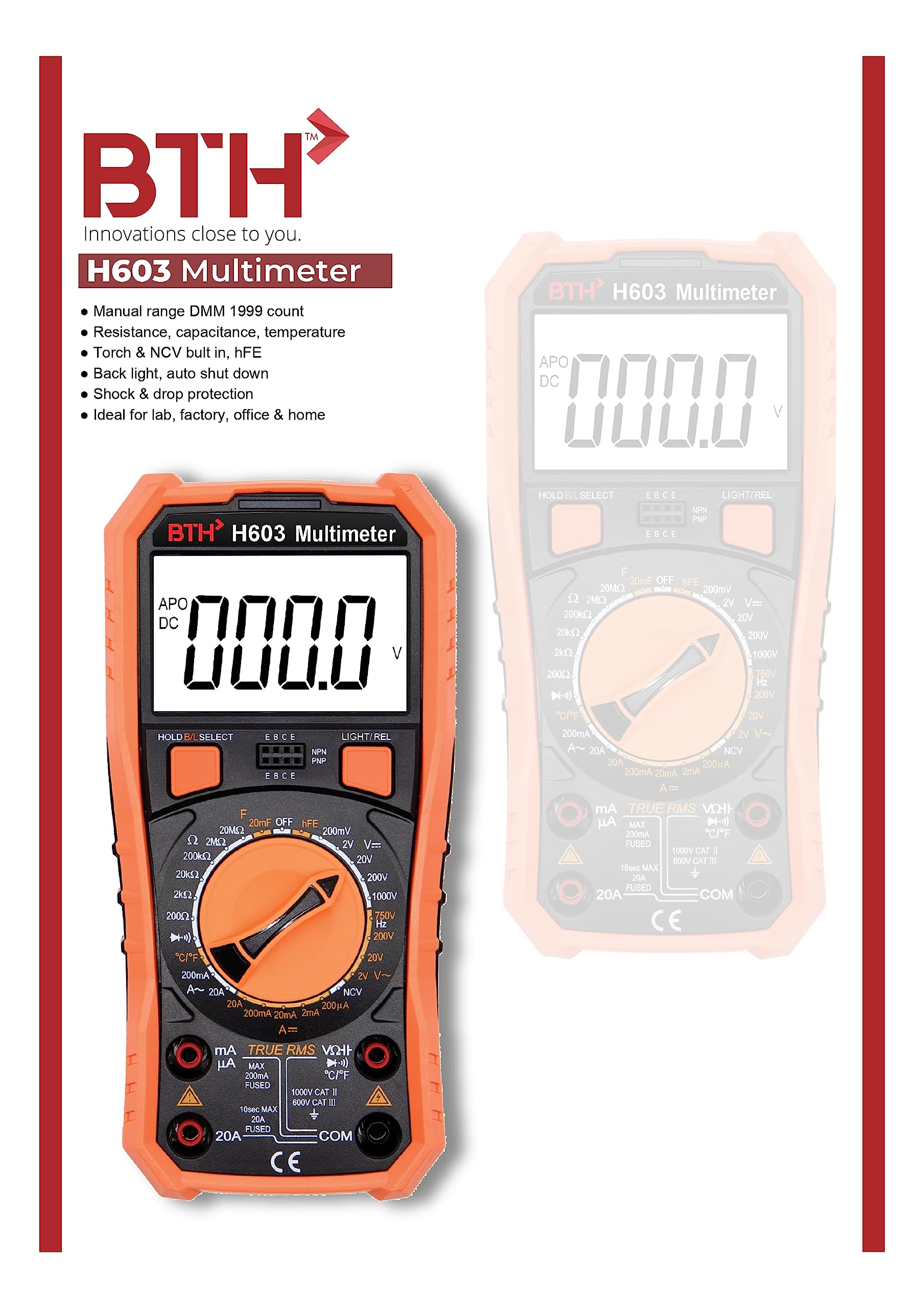 BTH H603 True RMS Digital Multimeter with Non contact voltage, Temperature, capacitance and Triode — Amazon image 2