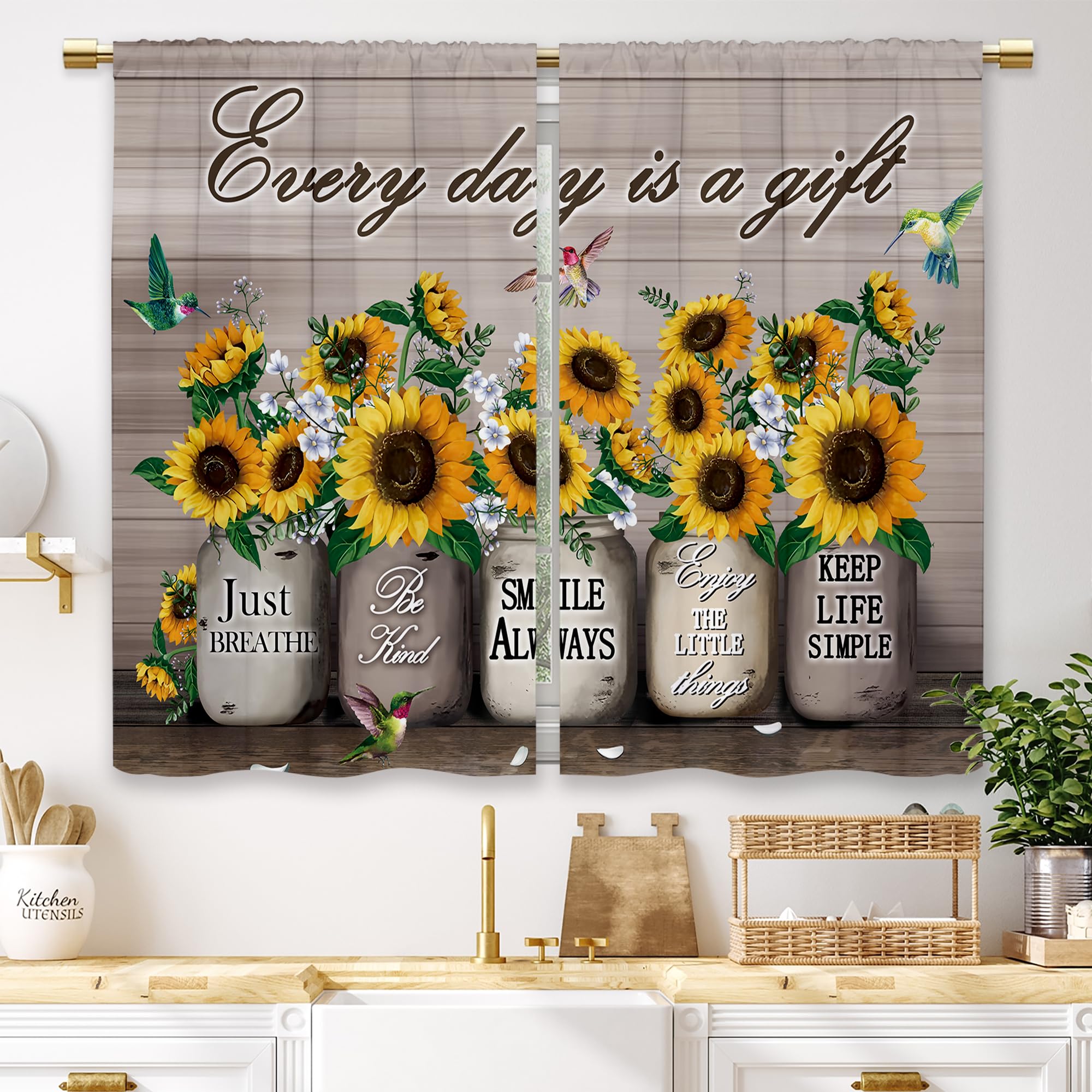 Laifzere Farmhouse Sunflower Kitchen Curtains Rustic Flower Country Floral Small Short Cafe Window Curtains Vintage Brown Plank Wooden Bathroom Window