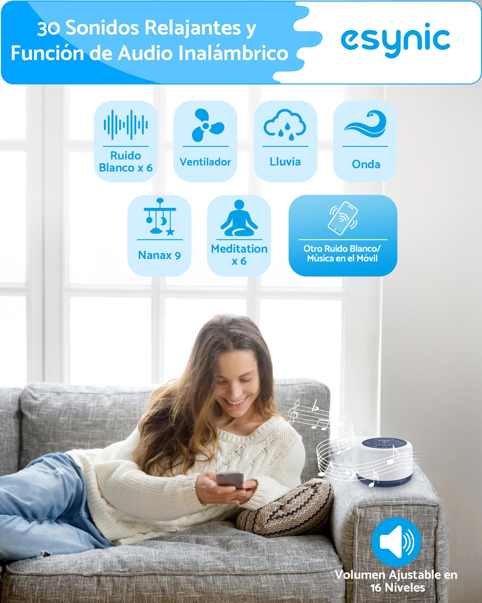 Máquina de Ruido Blanco eSynic Máquina de Sonido Portátil para Dormir para Bebé con 30 Tipos de Sonidos Relajantes, Luz Nocturna Ajustable,Temporizador, Batería incorporada de Gran Capacidad — view 7