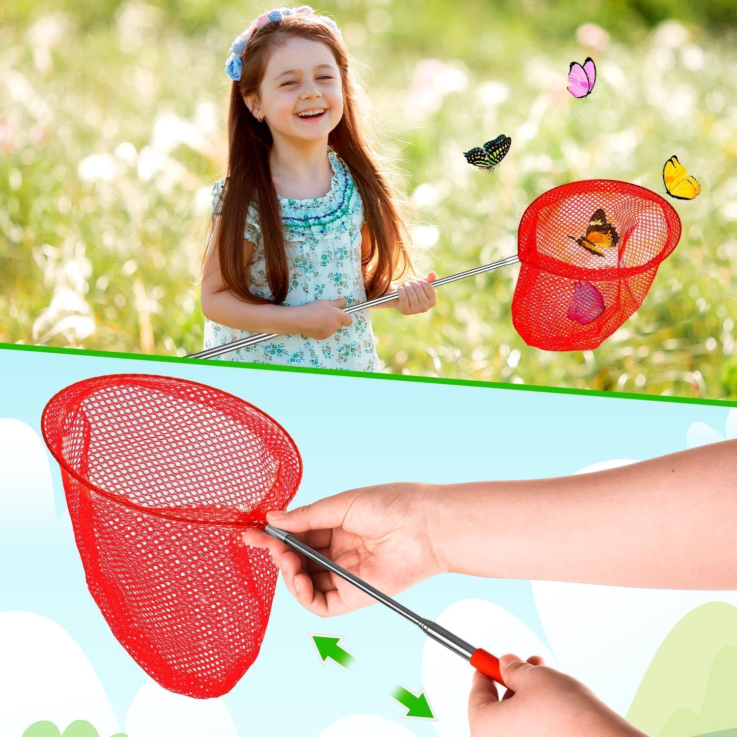 12PCS Telescopic Butterfly Fishing Nets for Kids Catching Insect Net Outdoor Tools Including 6pcs Catching Nets and 6pcs Insect Mesh Cages Outdoor Tools for Catching Butterfly and Fish (6 Colors) - Image 4