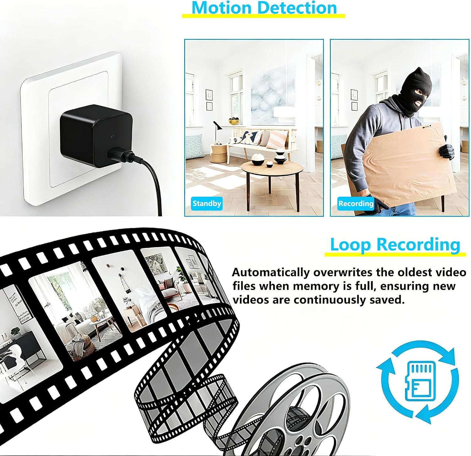 Mini Camera, 1080P Full HD Security Camera, Plug & Play Indoor Surveillance Cam for Home & Office, Pet & Child Monitoring, Supports Continuous/Motion Detection/Loop Recording, NO WiFi Supported