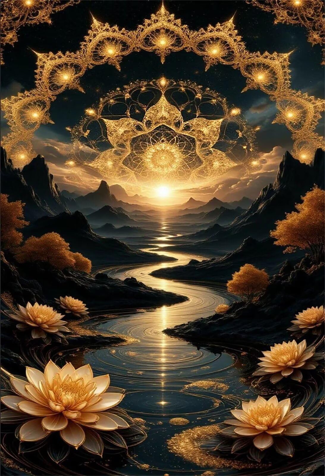 Rompecabezas para Adultos de 1500 Piezas | Flores Loto Doradas Amanecer | Puzzle Terapéutico de Estimulación Mental y Desconexión Digital, Encaje, Idea de Regalo, 87x57 cm