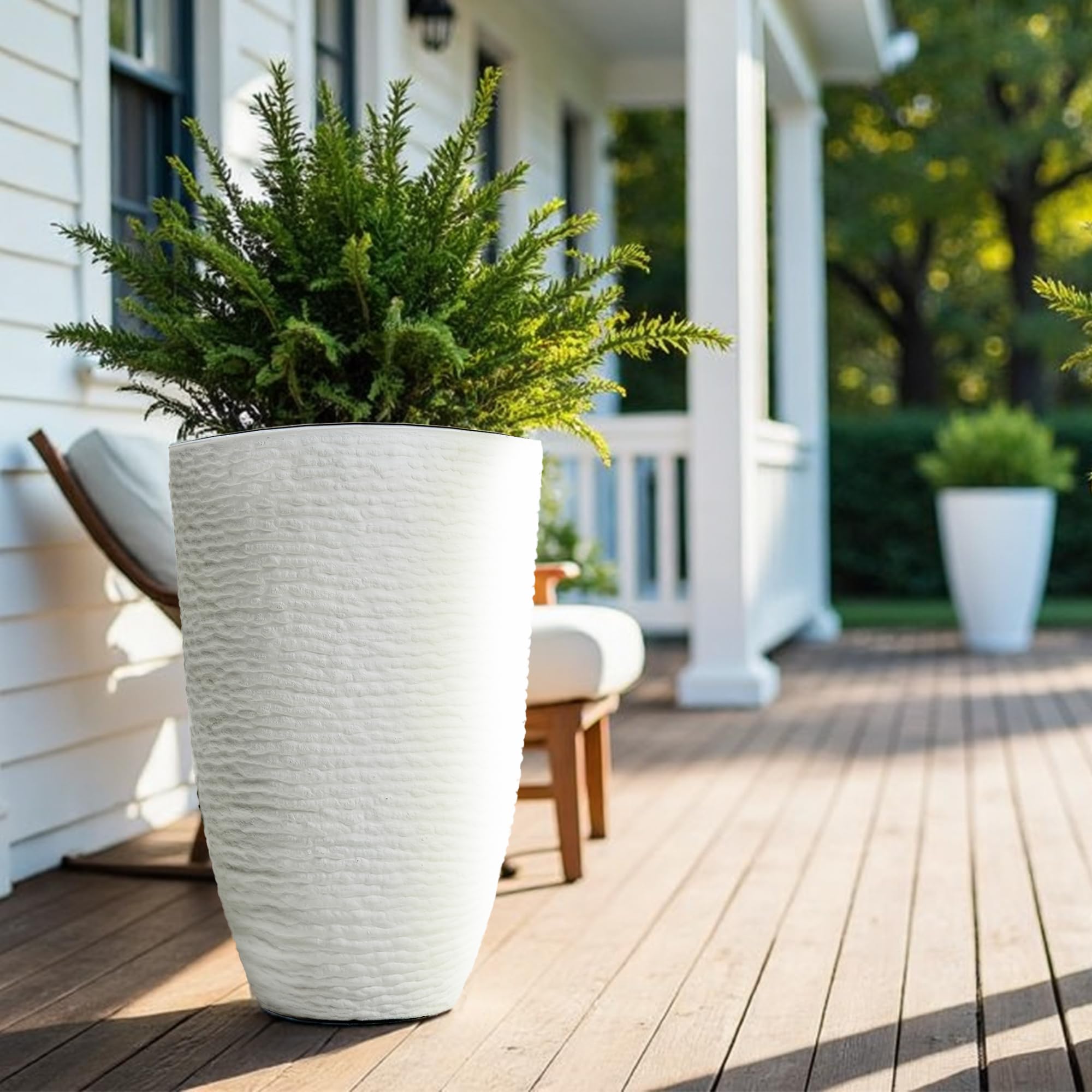 52cm Grand Pot, 2 PCS-35.5cm Dia Pot de Fleur Cylindrique Haut,Blanc Grande Rond Pot à Plantes Spacieux, in/Extérieur,Plantateurs Pierre d'imitation Plantateur Loft Porche Avant