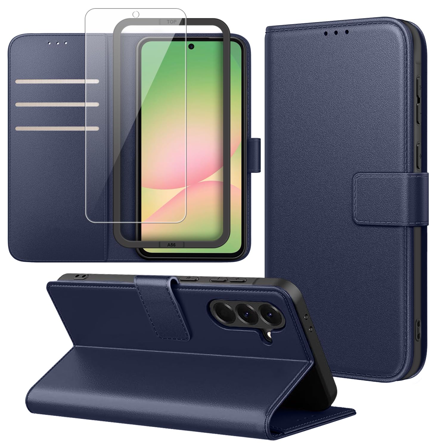 Cover Compatibile con Samsung Galaxy A56 5G, con 1 Pezzo Vetro Temperato Pellicola Protettiva e 1 Pezzo Strumento di Installazione Semplice, Premium Pelle PU Libro Flip Custodia - Blu