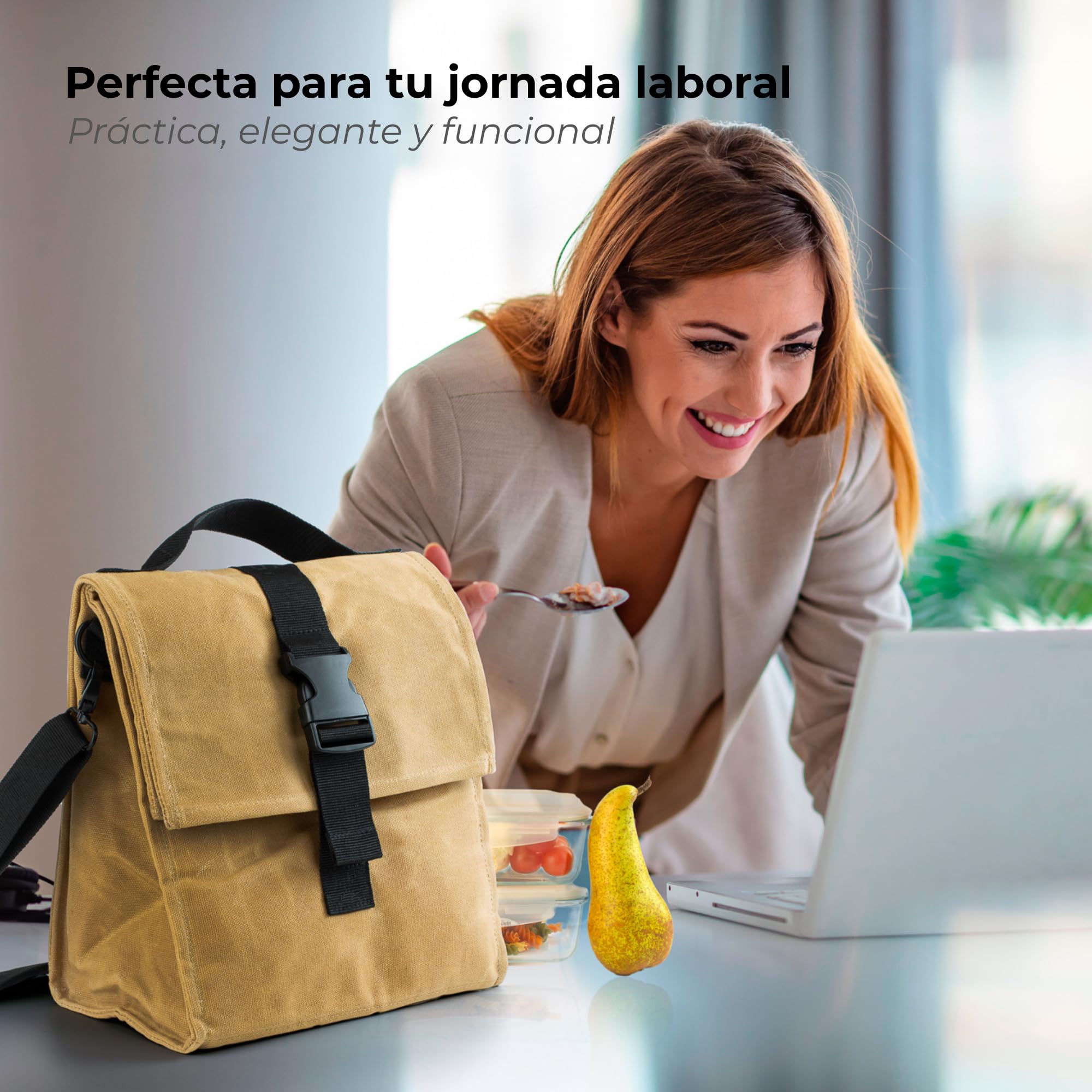 Bolsa Isotérmica Porta Alimentos Premium para Trabajo y Oficina (Tan) | Alternativa elegante-Estilo profesional-Lona encerada premium-Roll Top-Incluye funda cubiertos