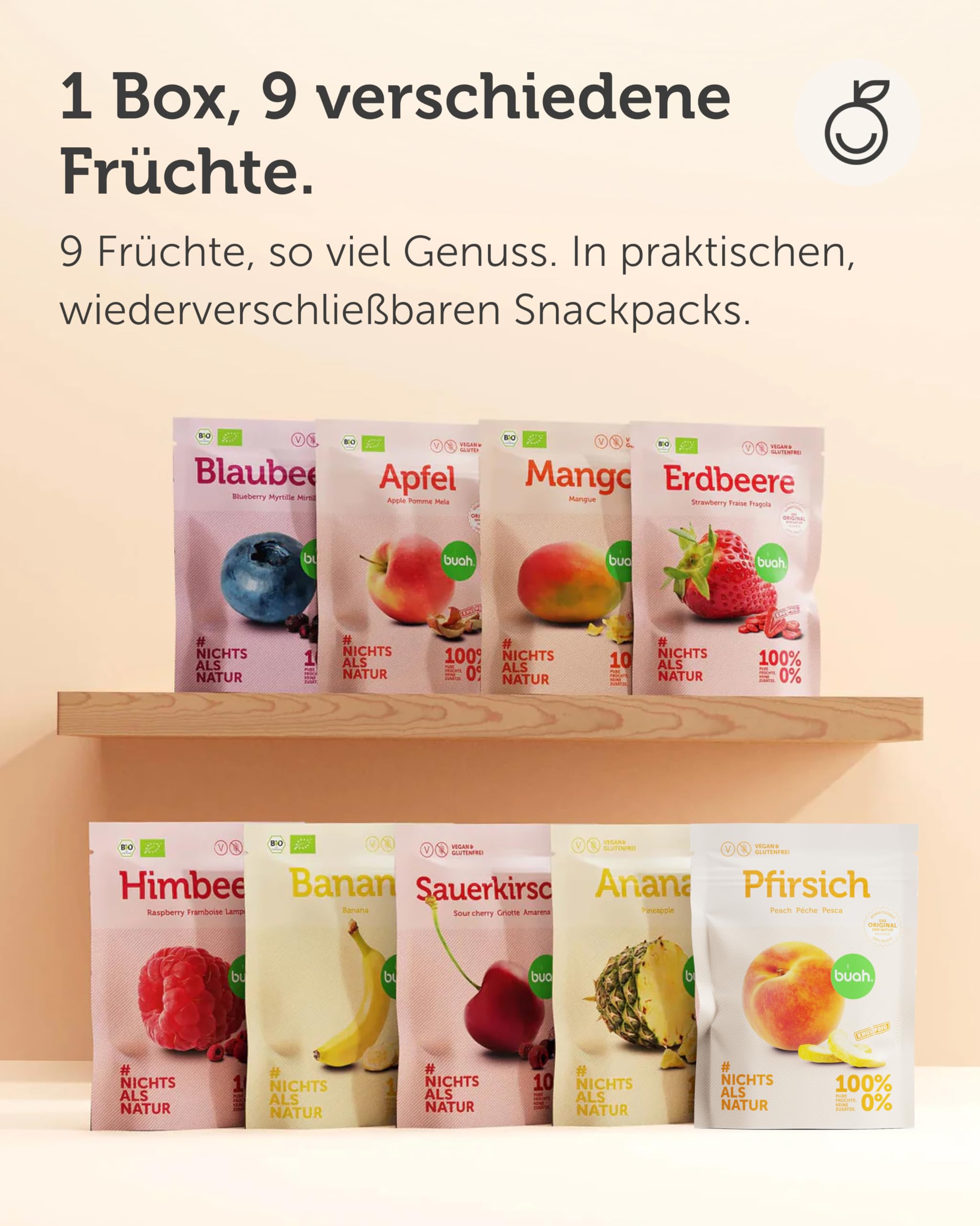 BUAH® Gefriergetrocknete Früchte Probierset | Perfekter Snack aus knusprigen Fruchtchips | Süßigkeiten Alternative ohne Zuckerzusatz, Toppings für Porridge | Vegan Glutenfrei