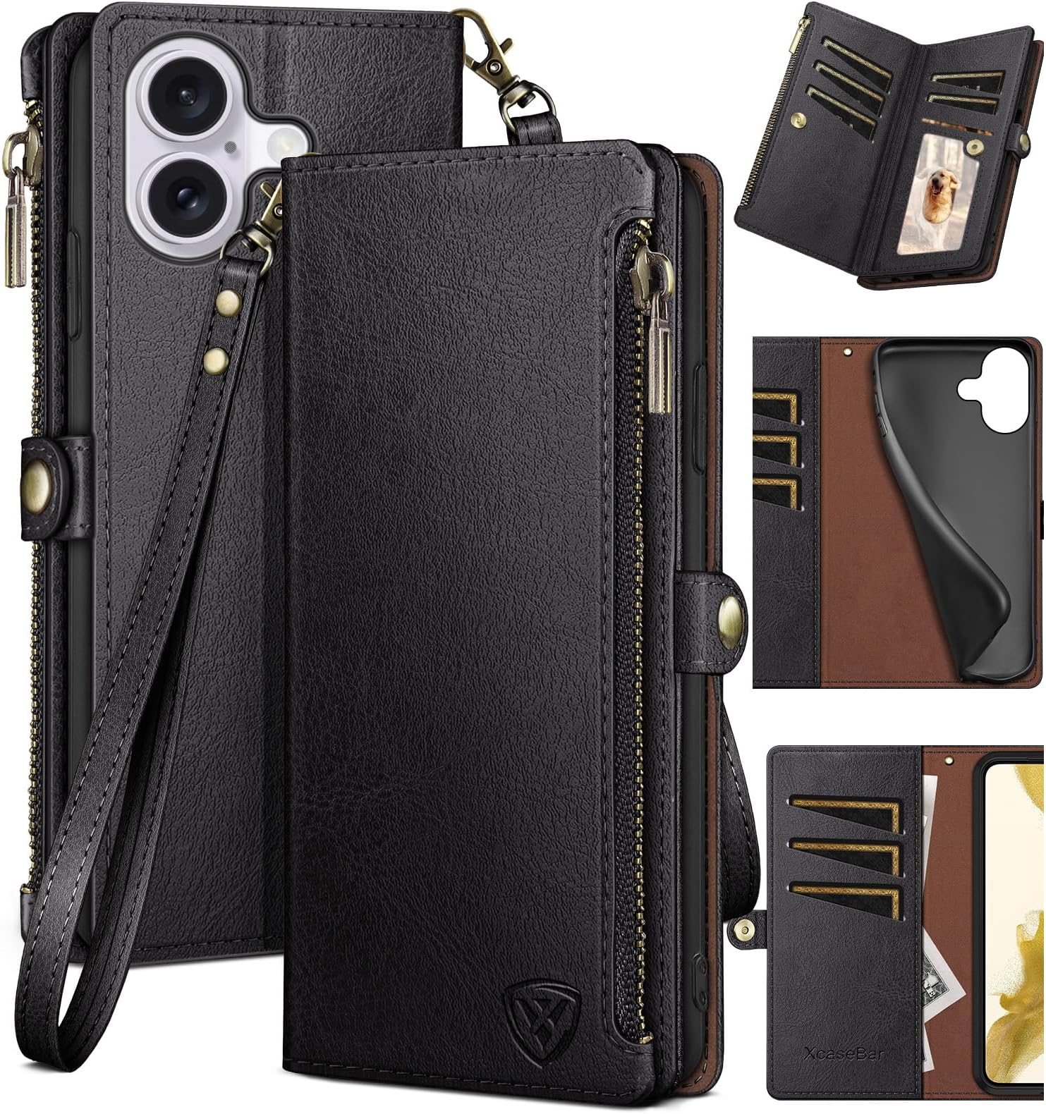 XcaseBar Compatible with iPhone 16 6.1" Wallet case with Zipper Credit Card Holder【RFID Blocking】,Flip Folio Book PU Leather Phone case Shockproof Cover Women Men for Apple 16 case Black