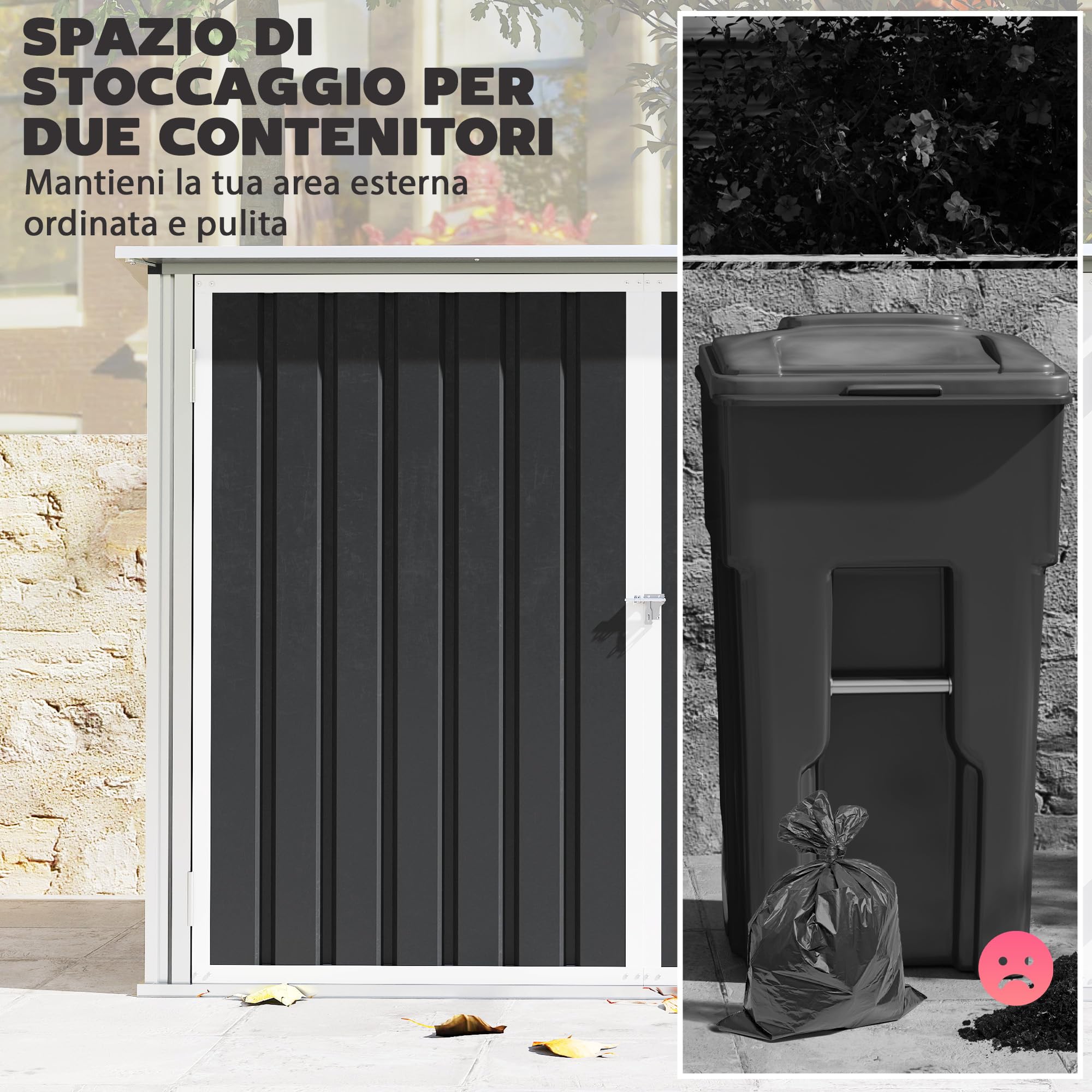 Outsunny Casetta per Spazzatura Esterna 1.91m² in Acciaio Zincato con 2 Porte Bloccabili, Contenitore per Bidoni Rifiuti con Tetto Apribile Prese d'aria, Capanno da Giardino per 2 Bidoni, Grigio Scuro - 3