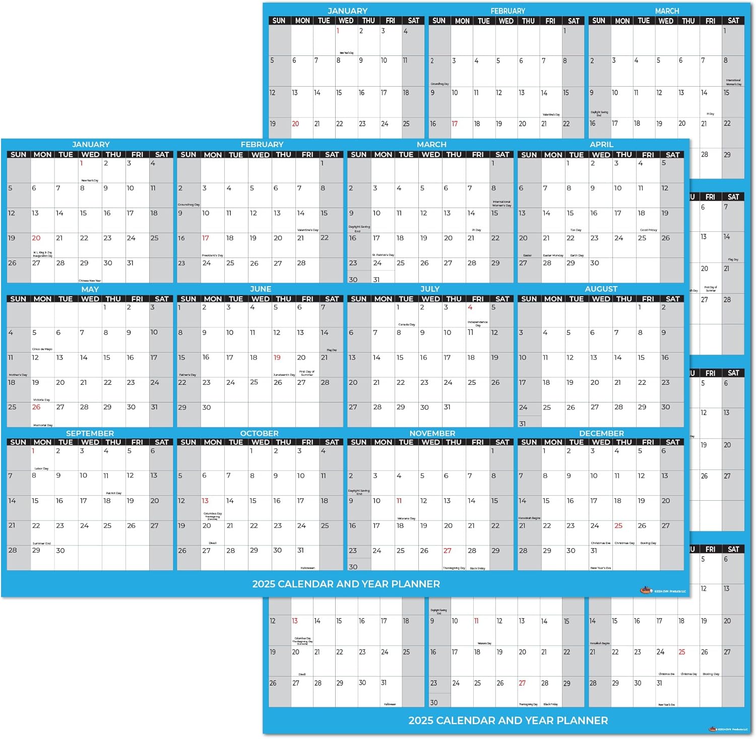 2025 Wall Calendar Large Size 24" x 36", Paper Folded 12 Month Annual Yearly Wall Planner, Reversible, Horizontal/Vertical Blue