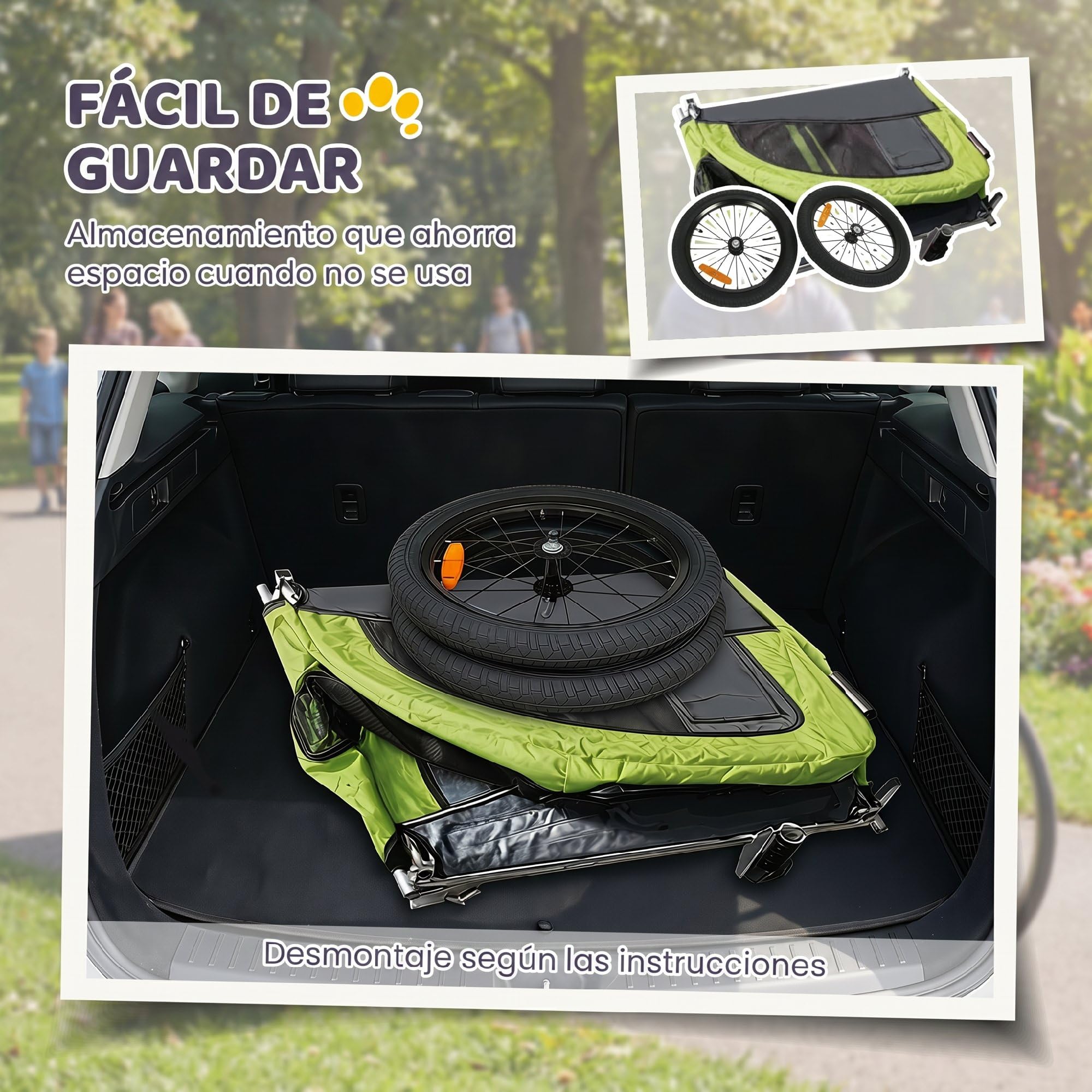 PawHut Remolque de Bicicleta Perros 2 en 1, Carrito para Perros Medianos y Gatos Plegable con Suspensión, Neumáticos Grandes, Ventanas de Malla, Freno de Mano, Reflectores, Bandera, Verde