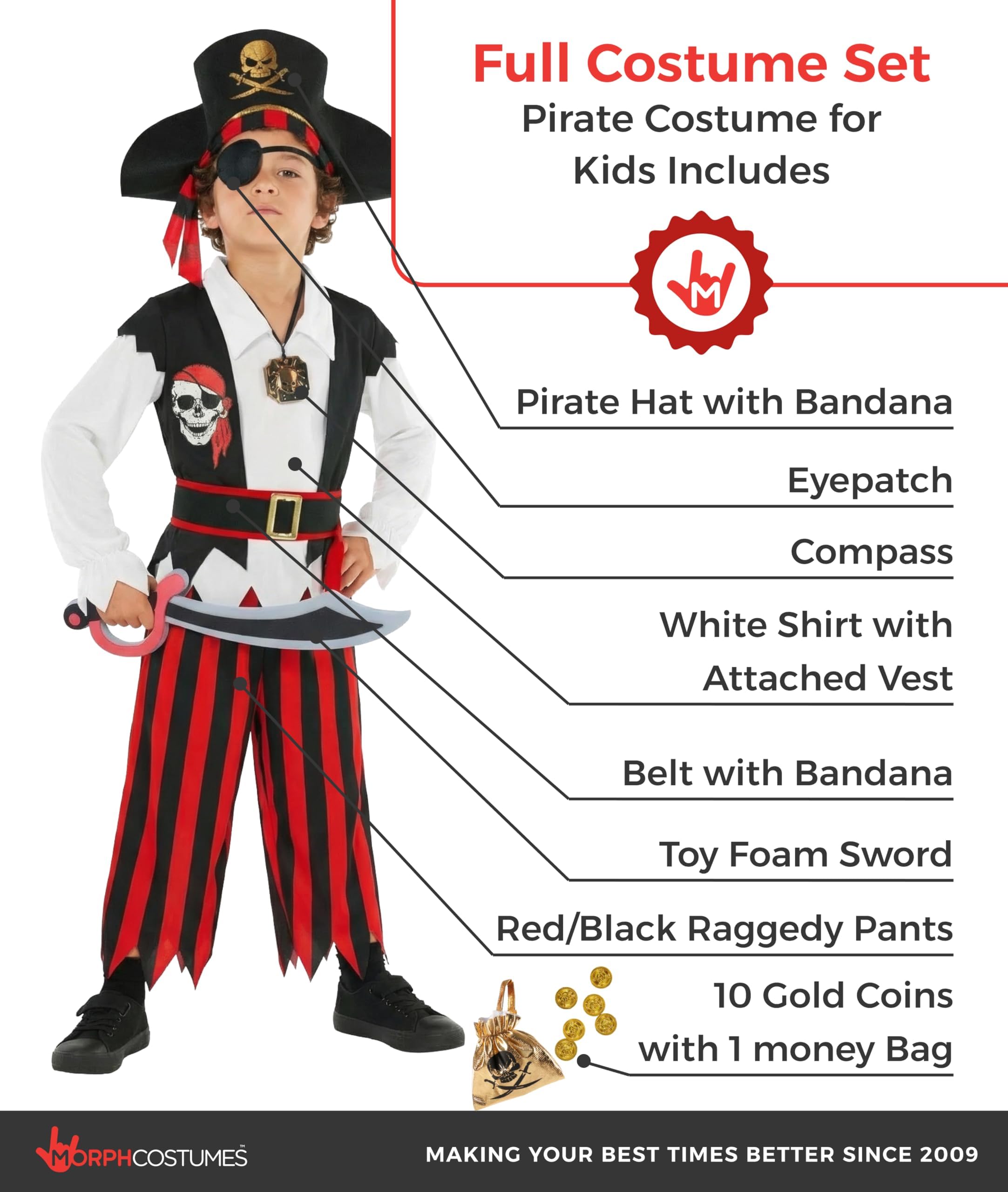 Morph Disfraz Pirata Niño Rojo, Capitán Pirata con Accesorios, Disfraces para Carnaval y Halloween