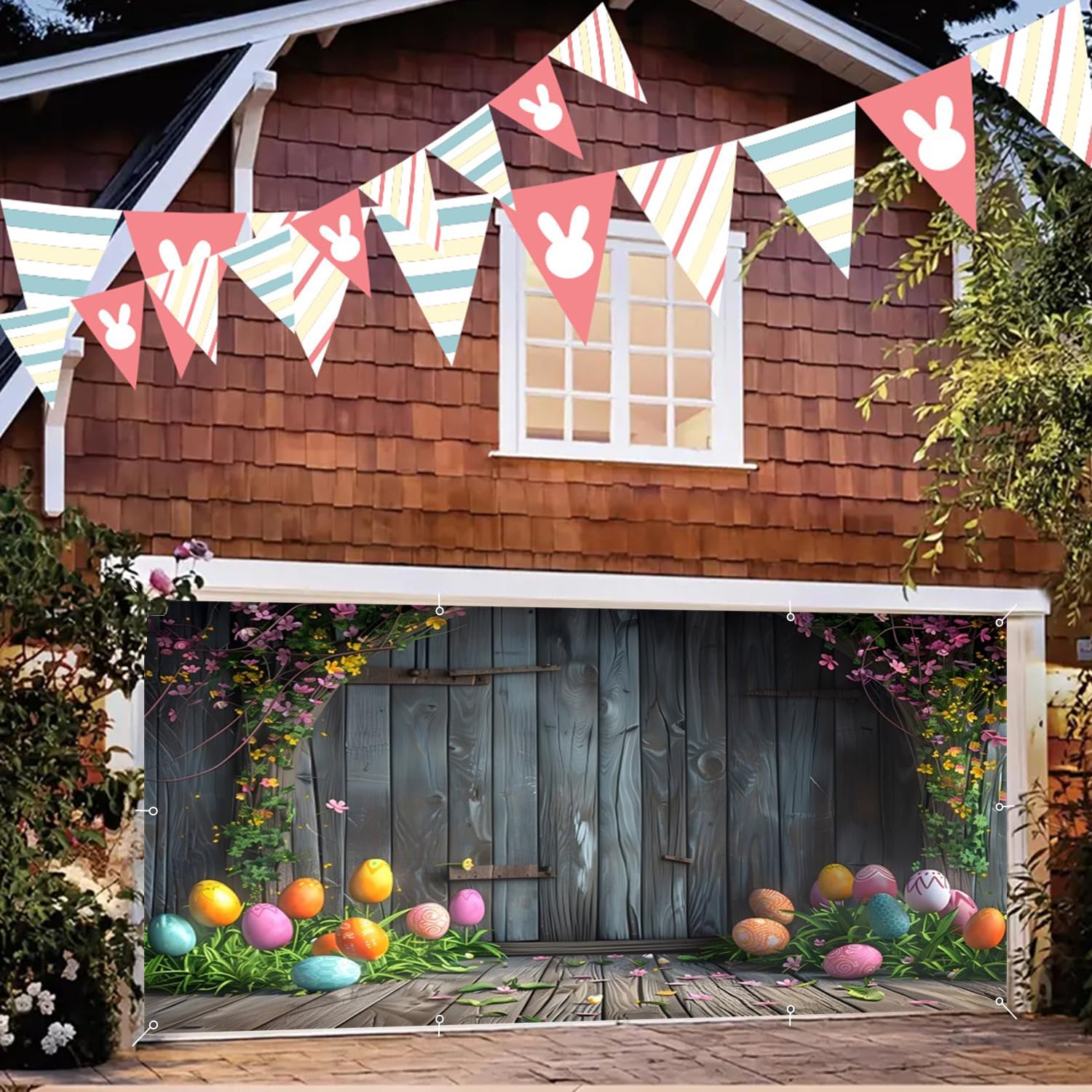 Easter Garage Door Cover 7x16ft Rustic Wood Spring Garage Door Banner Floral Wall Happy Easter Decorations Large Wooden Backdrop for 2 Car Garages Outdoor Spring Party