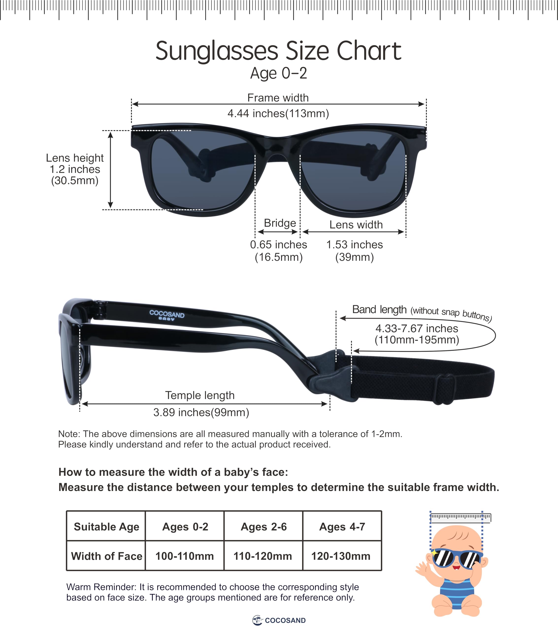 COCOSAND Lunettes de soleil flexibles pour bébé avec sangle polarisée protection UV pour nourrisson nouveau-né garçon fille âge 0-24 mois