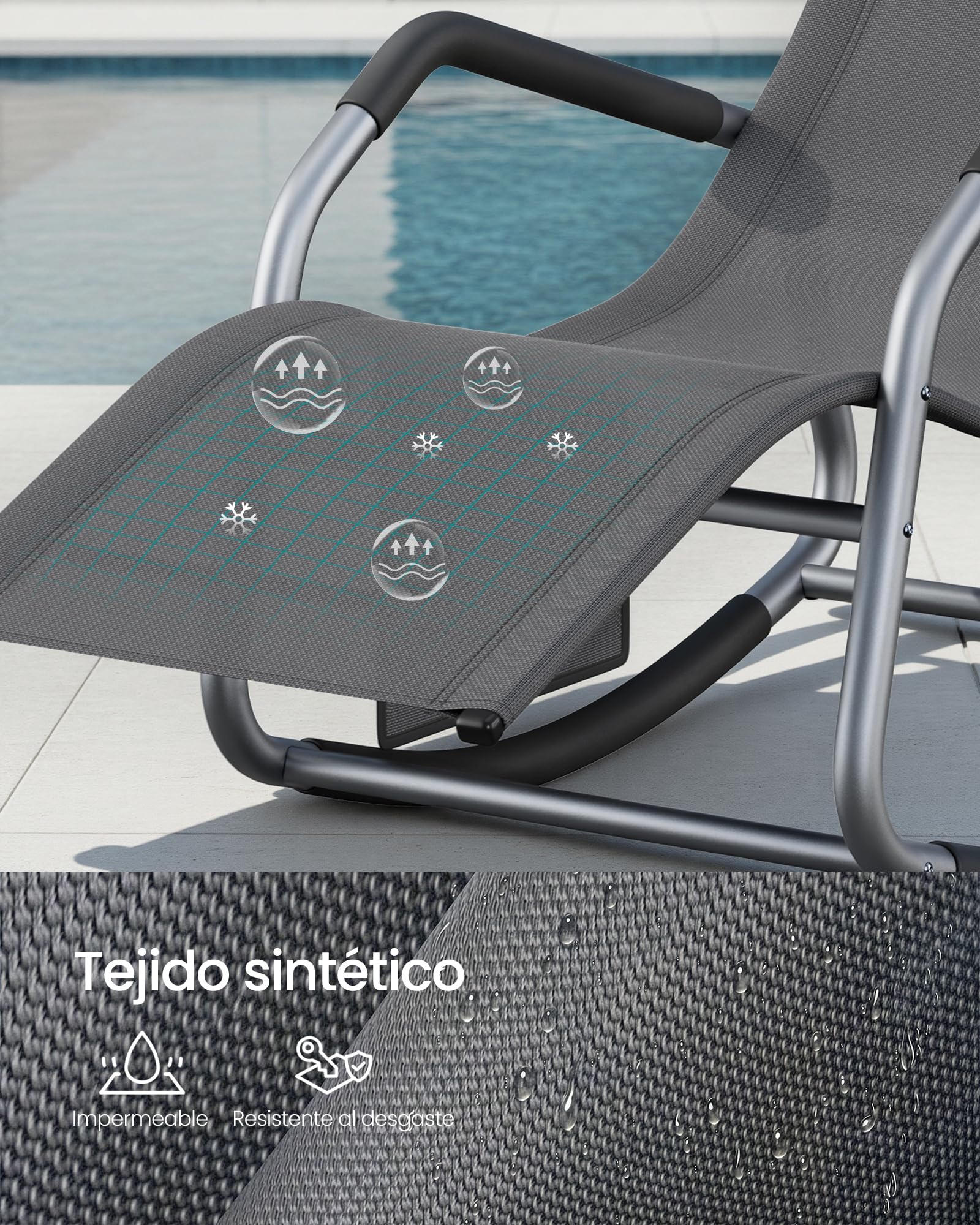 SONGMICS Mecedora, Silla Tumbona, con Dispositivo de Fijación, Cojín Ajustable, Marco de Acero, Tela Transpirable, Bolsillo de Almacenaje, 151 x 56,2 x 97,3 cm, Gris Oscuro GCB230GZ02