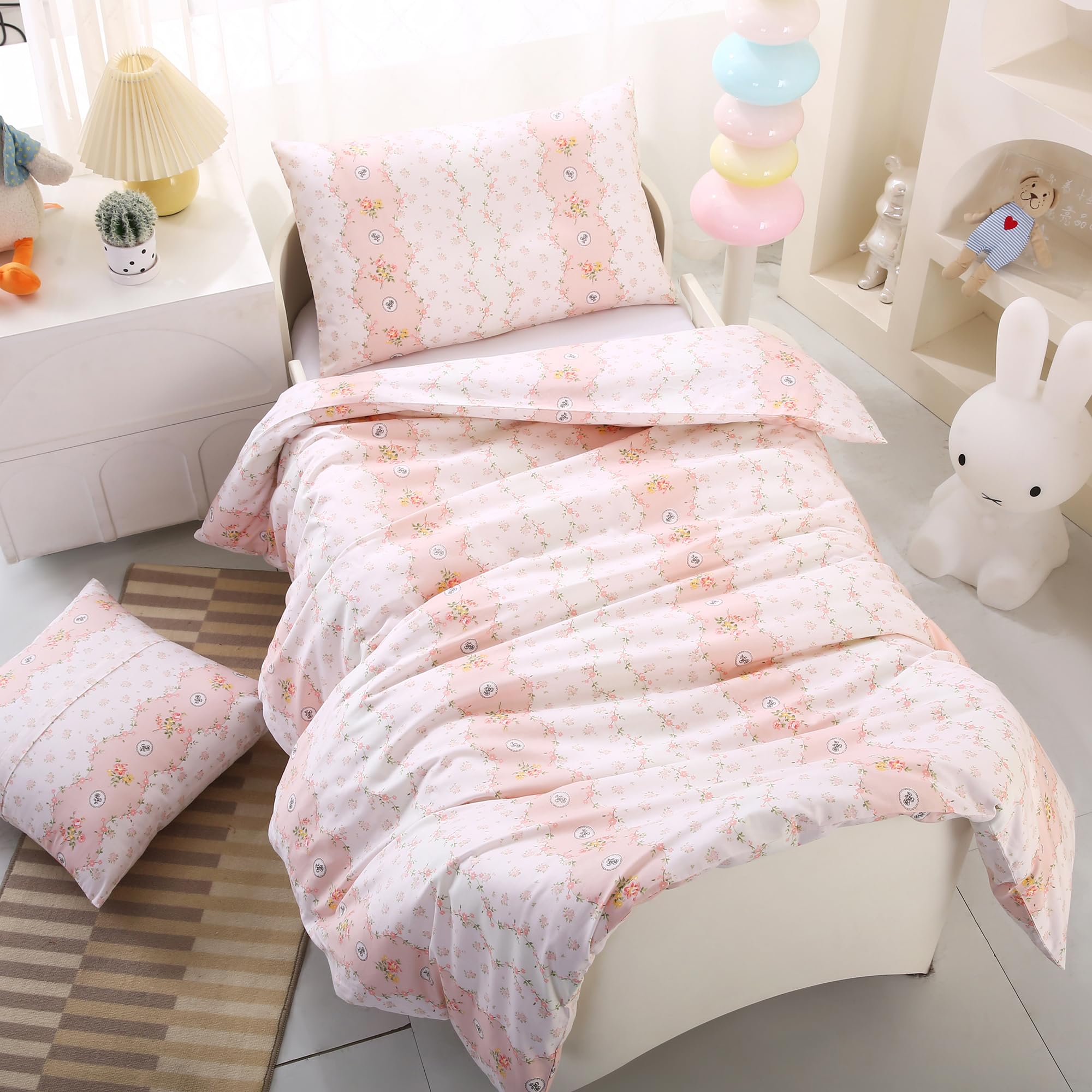 HMtideby Pink Floral Toddler Kids Bedding Set for Girls Cot Bed Duvet Cover with Pillowcase, 2 pcs, 120 x 150 cm - Image 4