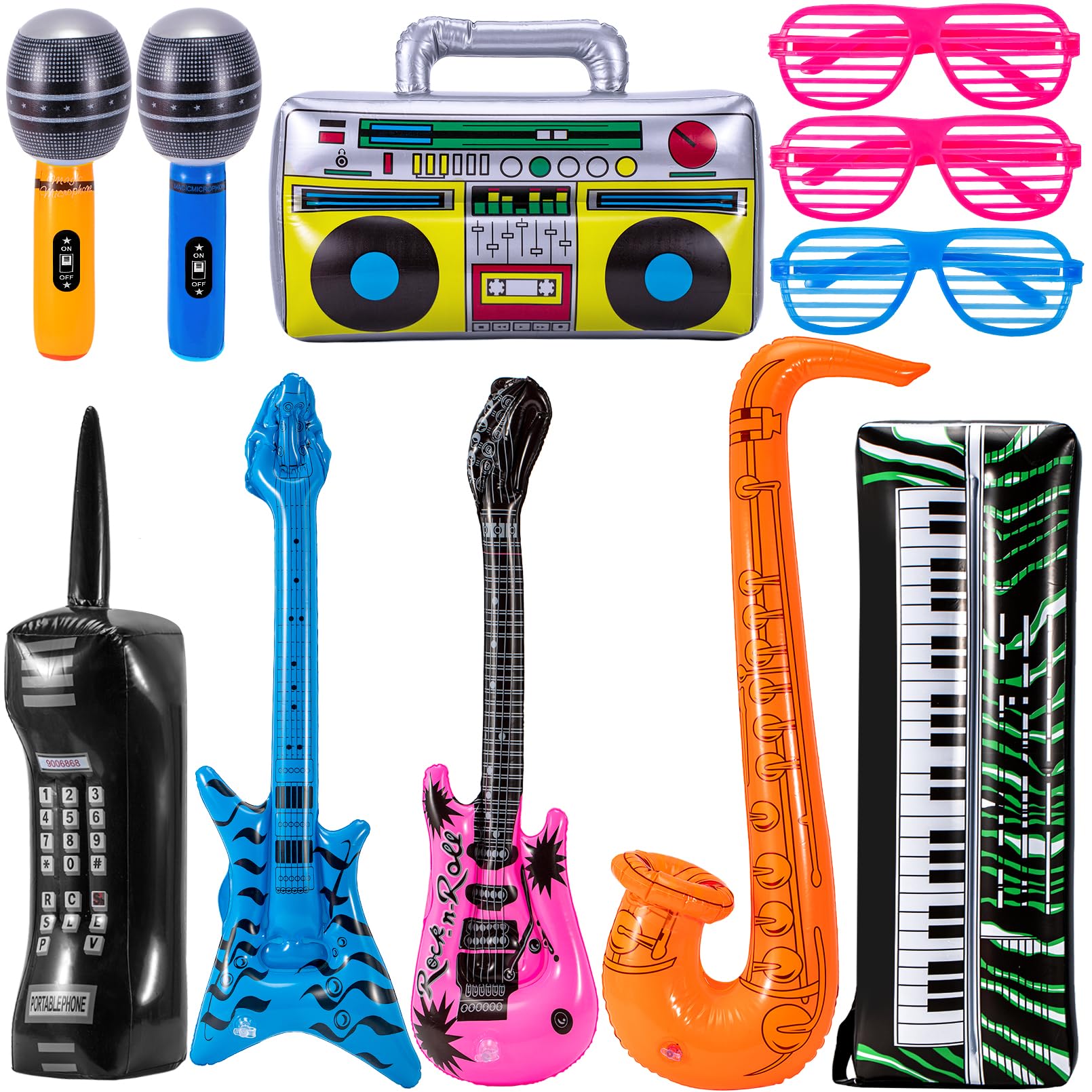 11 strumenti gonfiabili Rock Star, set di strumenti gonfiabili, per feste gonfiabili, accessori per strumenti musicali a tema anni '80 anni '90