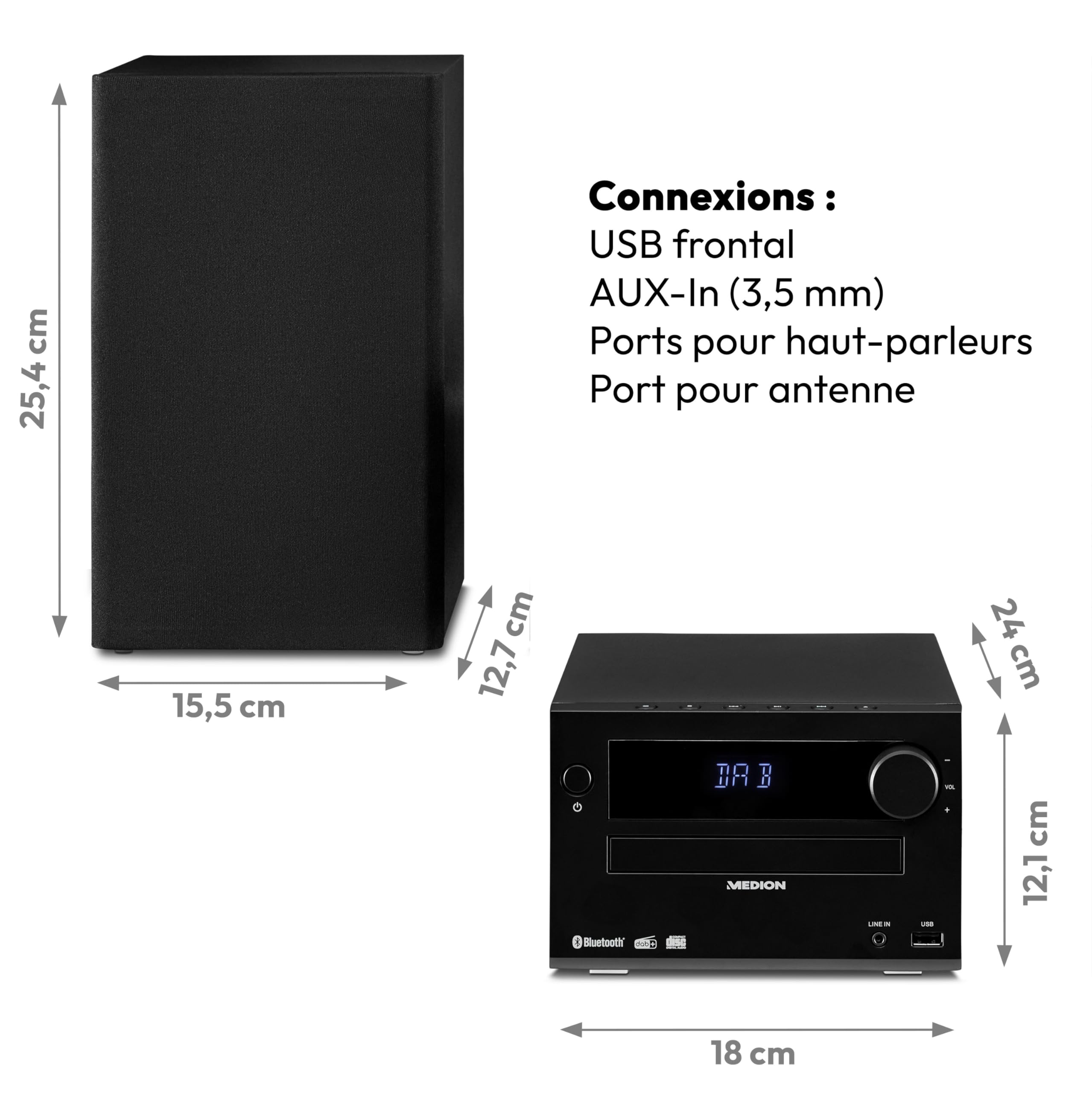 MEDION E64482 Microsystème Audio Compact (Radio Internet, Dab+, Lecteur CD, Radio FM PLL, Bluetooth, Lecteur MP3, AUX, Prise Casque, USB, minuteur de Mise en Veille, écran à intensité Variable) Noir