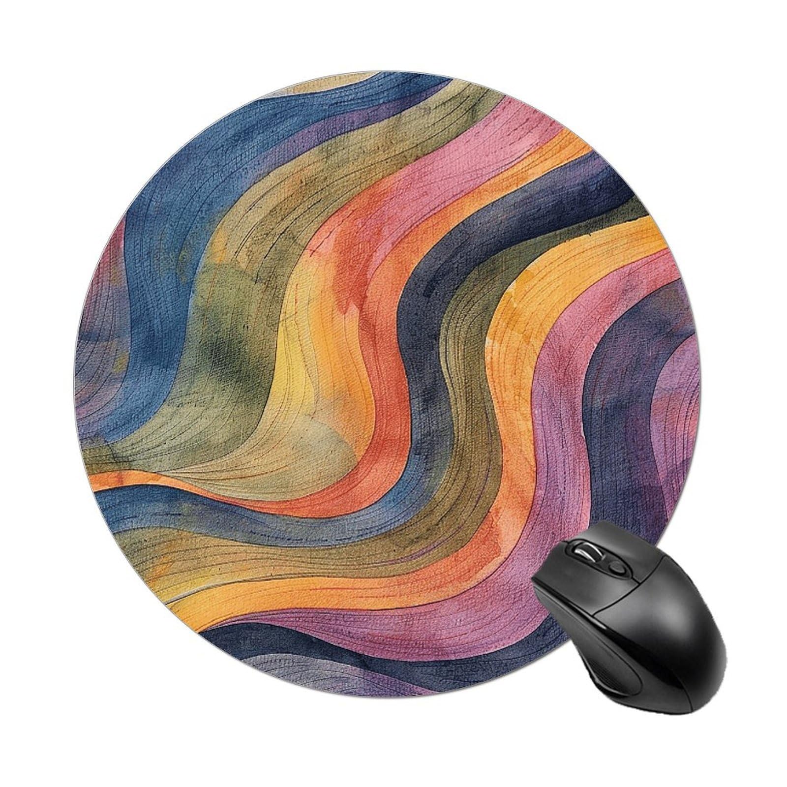 Round Colorful Curved Lines Mouse Pad Waterproof Gaming Mouse Mat Non-Slip Rubber Base Custom Portable Travel Computer Mouse Pad Mini for Office Home Laptop Desk Accessories