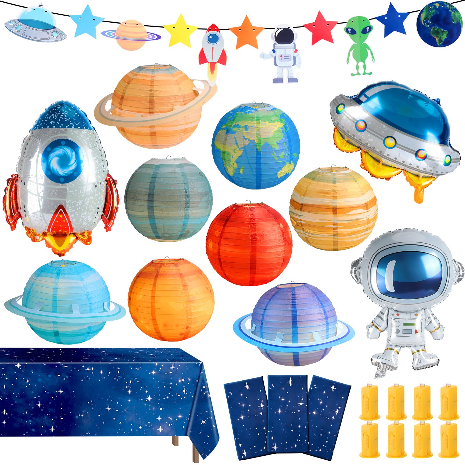 Sotiff 16 Pcs Space Birthday Themed Party Favors Decorations Supplies Includes Planet Paper Lanterns Plastic Universe Tablecloth Garland Astronaut UFO Rocket Balloon for Star System