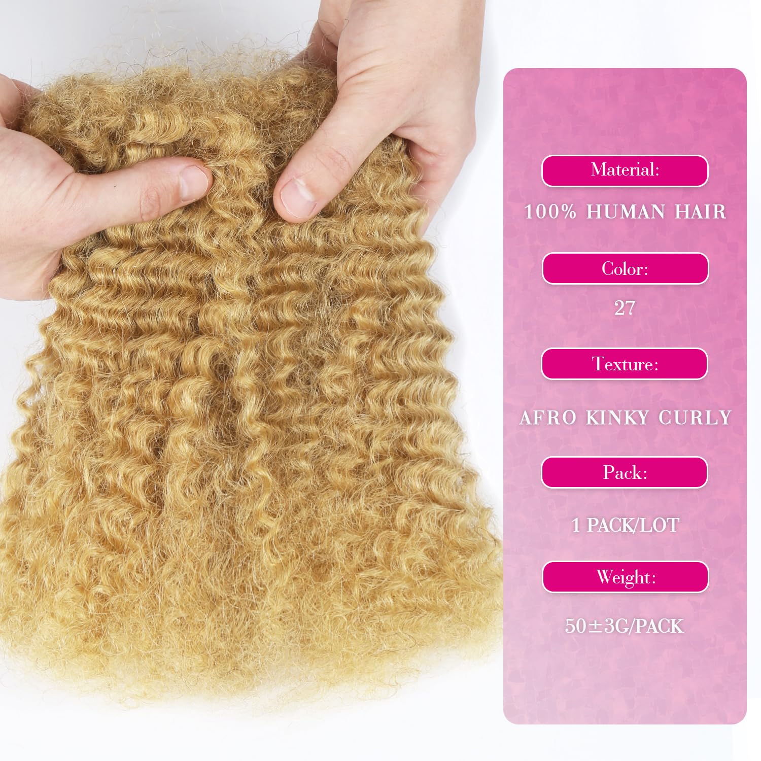 Afro Kinkys - Pelo humano en grandes cantidades para rastas, reparación, locomotores, trenzas afro rizadas, pelo auténtico para locomotoras, 50 gramos, 14 pulgadas, 35 cm, rubio miel #27