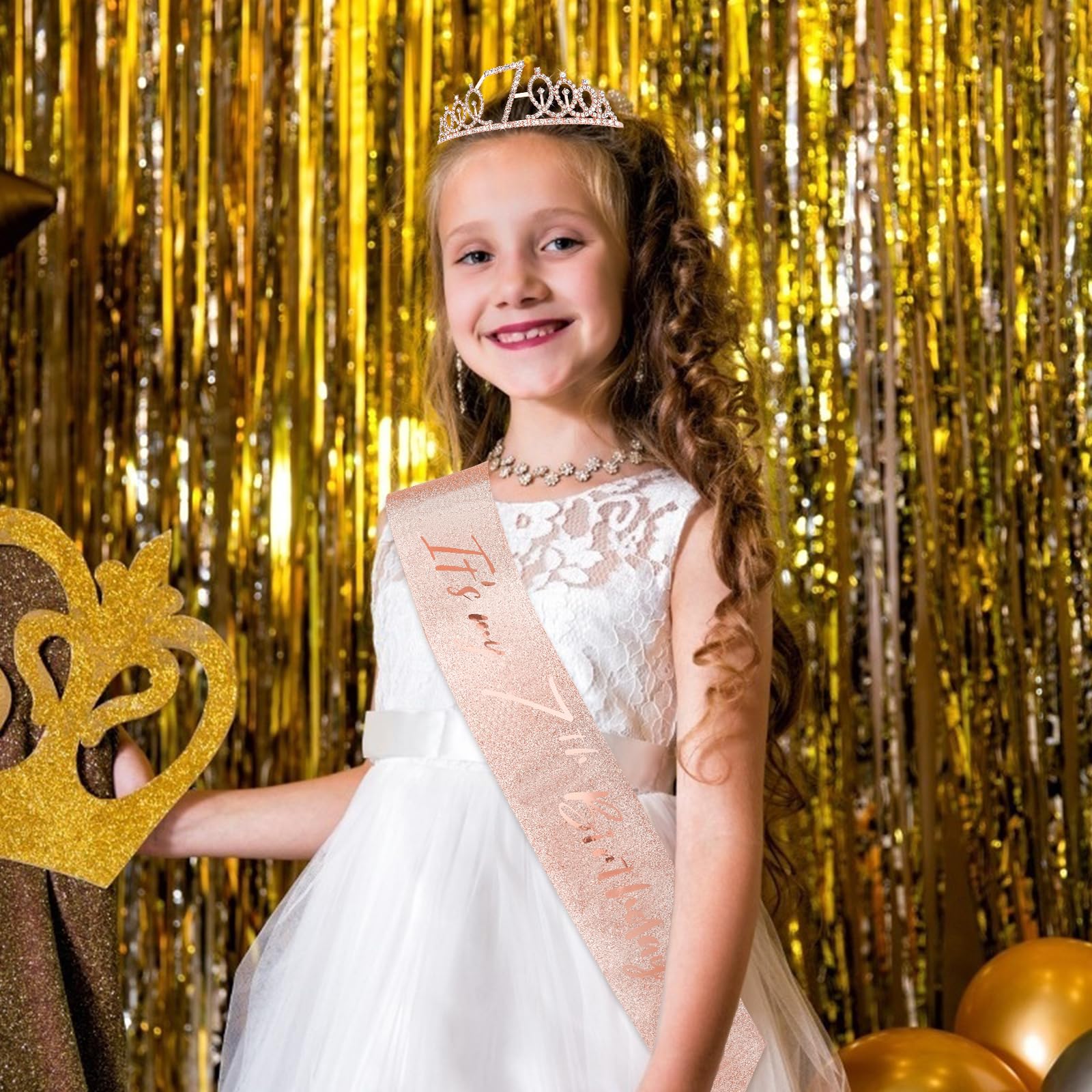 CIEHER 7th Birthday Crown + Sash + Pearl Pin Set, Girls' 7th Birthday Gifts and Happy Party Decorations